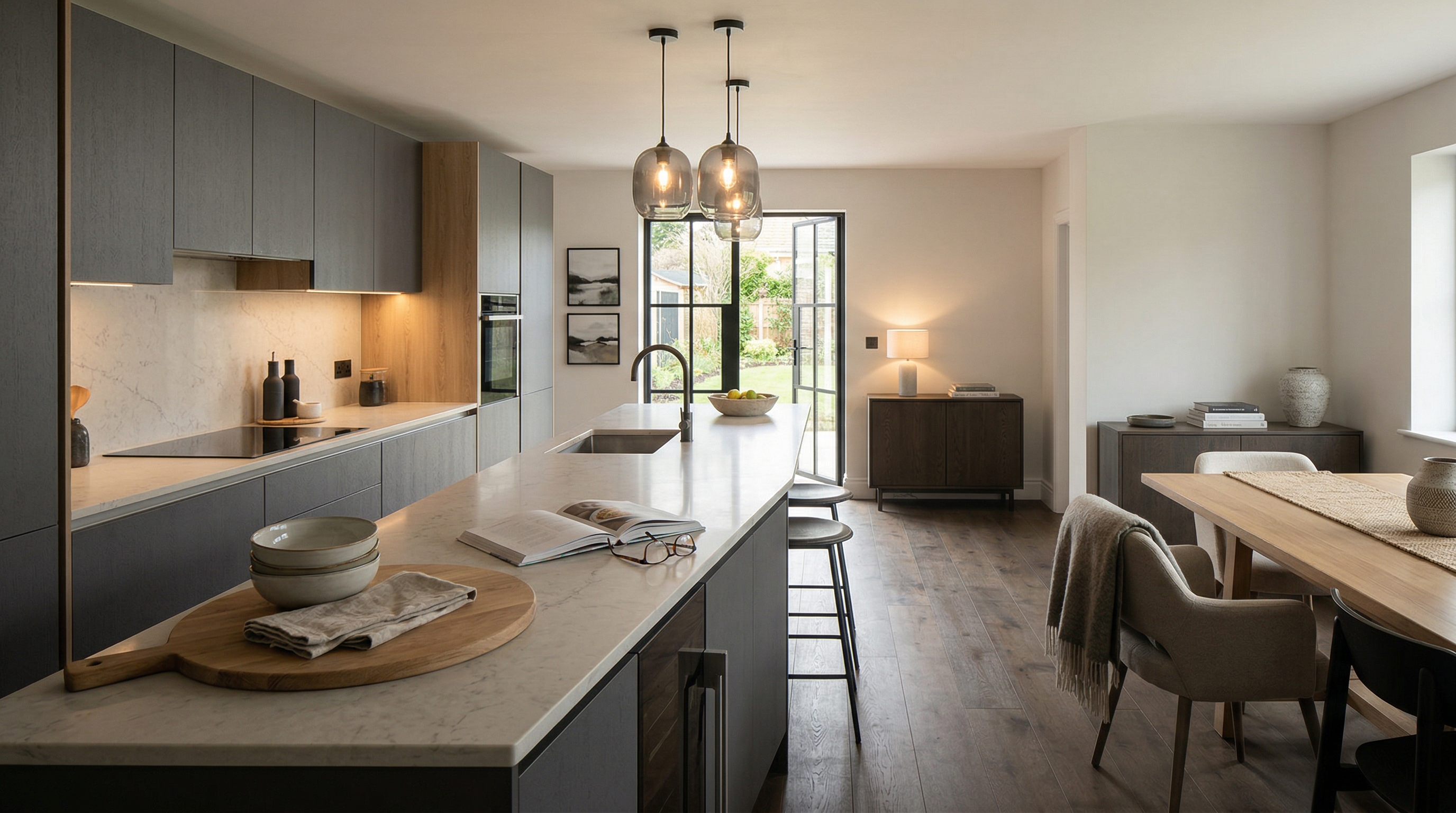 Mastercraft bespoke kitchen in Newquay, wide architectural view showing room volume and design quality