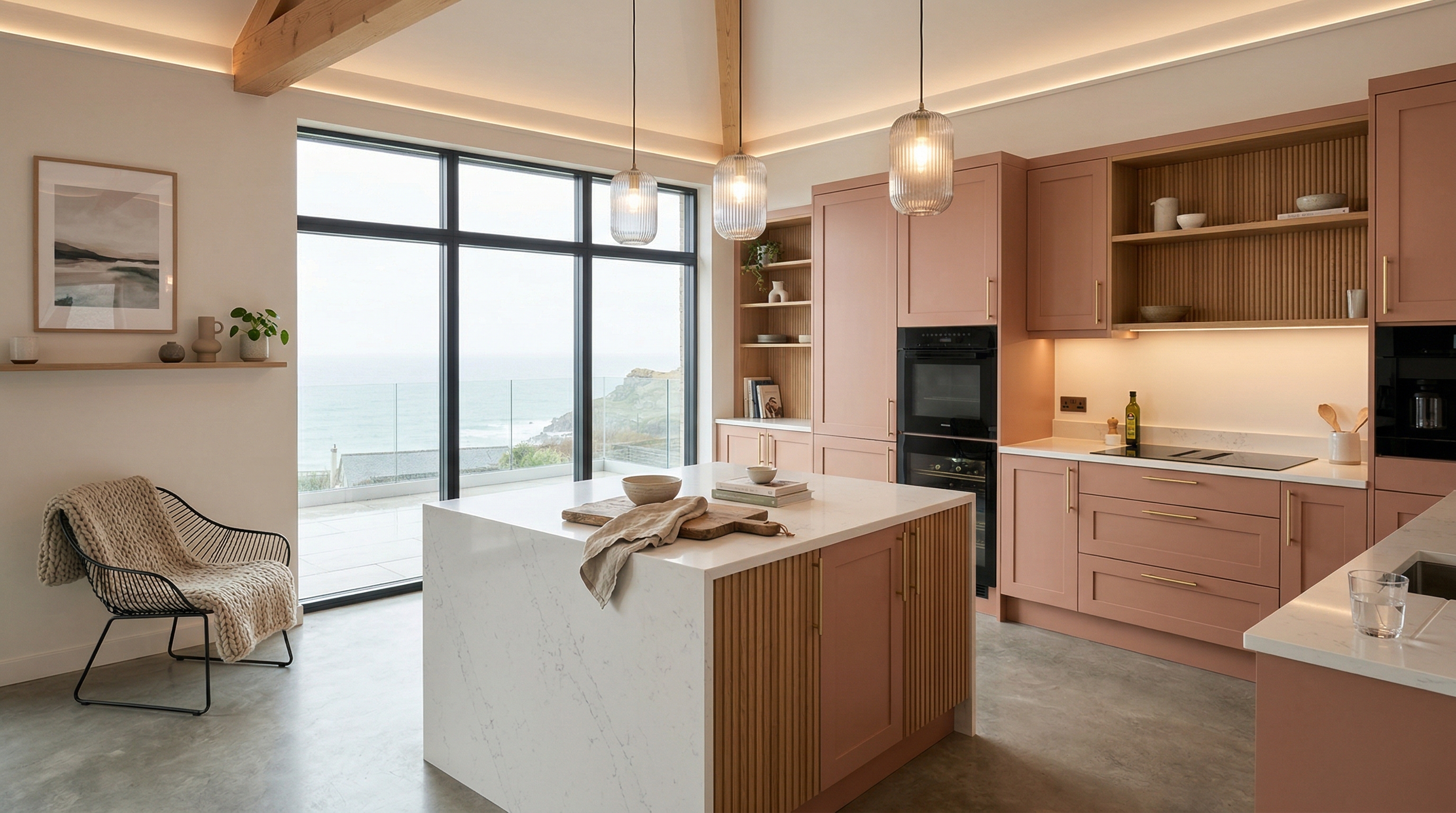 hero_1200x675 Wide view of a newly completed bespoke Mastercraft kitchen, matt painted handleless slab cabinetry in monument grey tones
