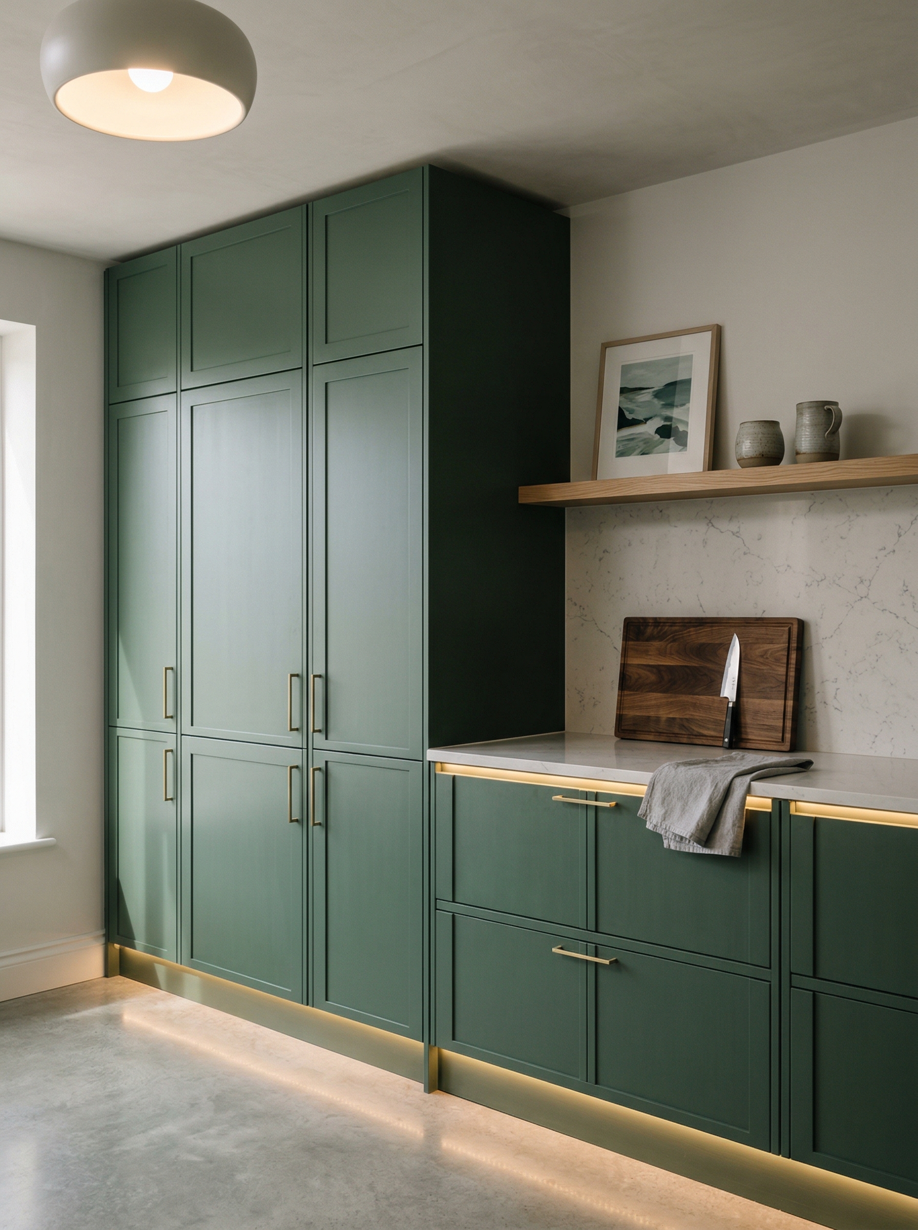 Tall view of full-height bespoke kitchen cabinetry, matt painted handleless slab cabinetry