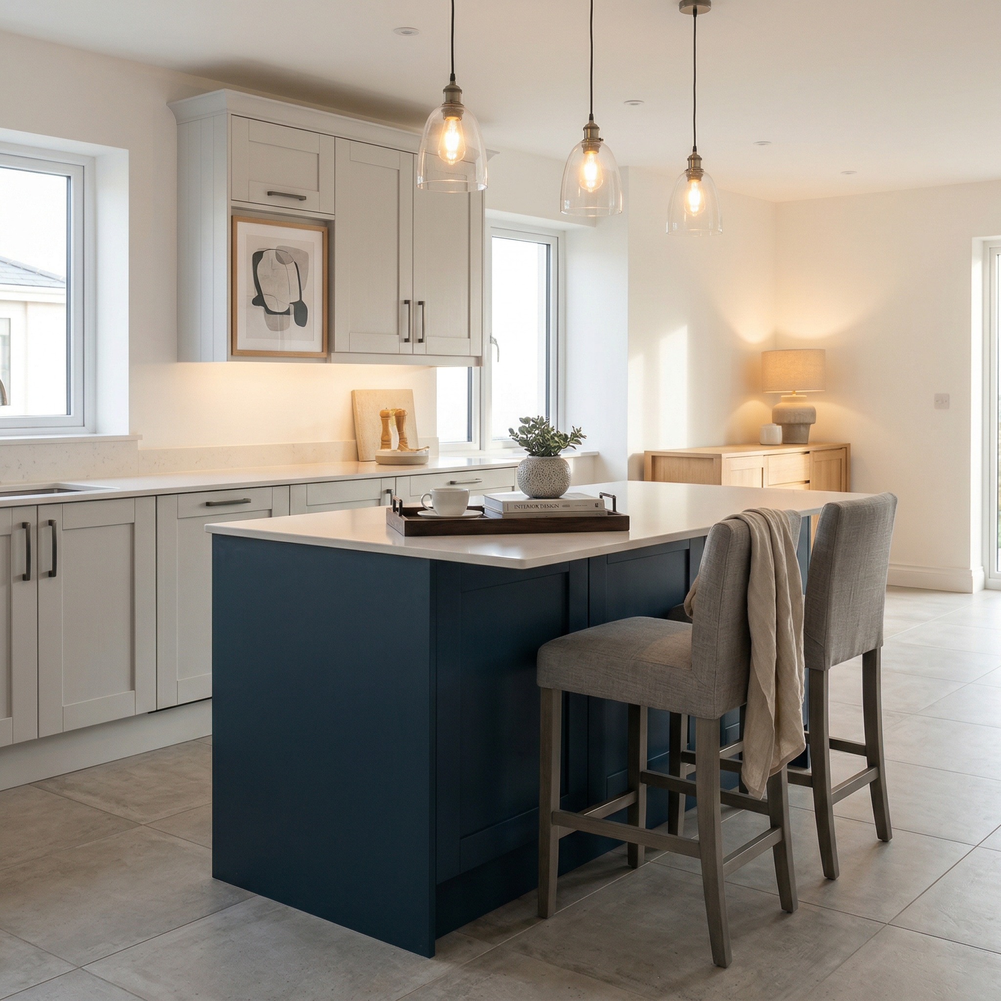 Bespoke kitchen island detail, matt painted handleless slab cabinetry with quality joinery