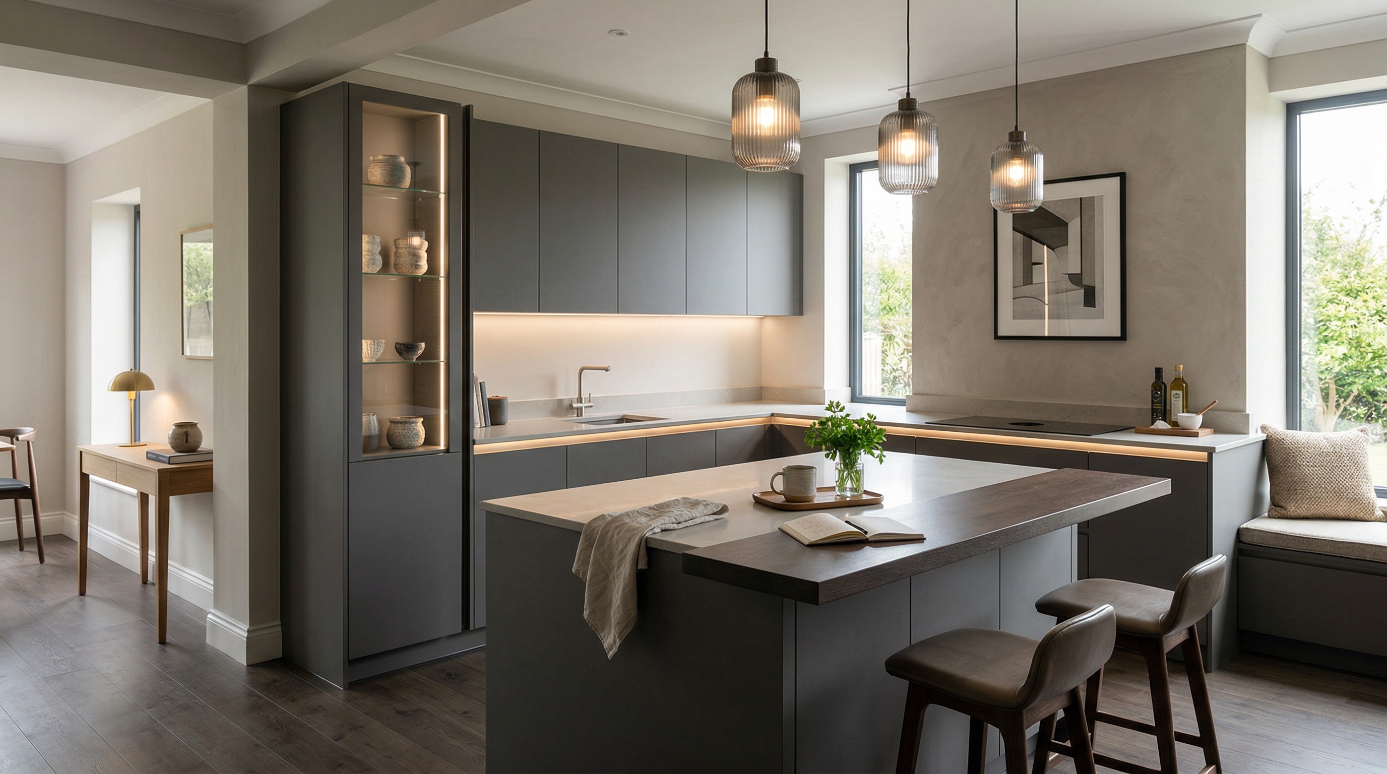 Mastercraft bespoke kitchen in Newton Abbot, wide architectural view showing room volume and design quality