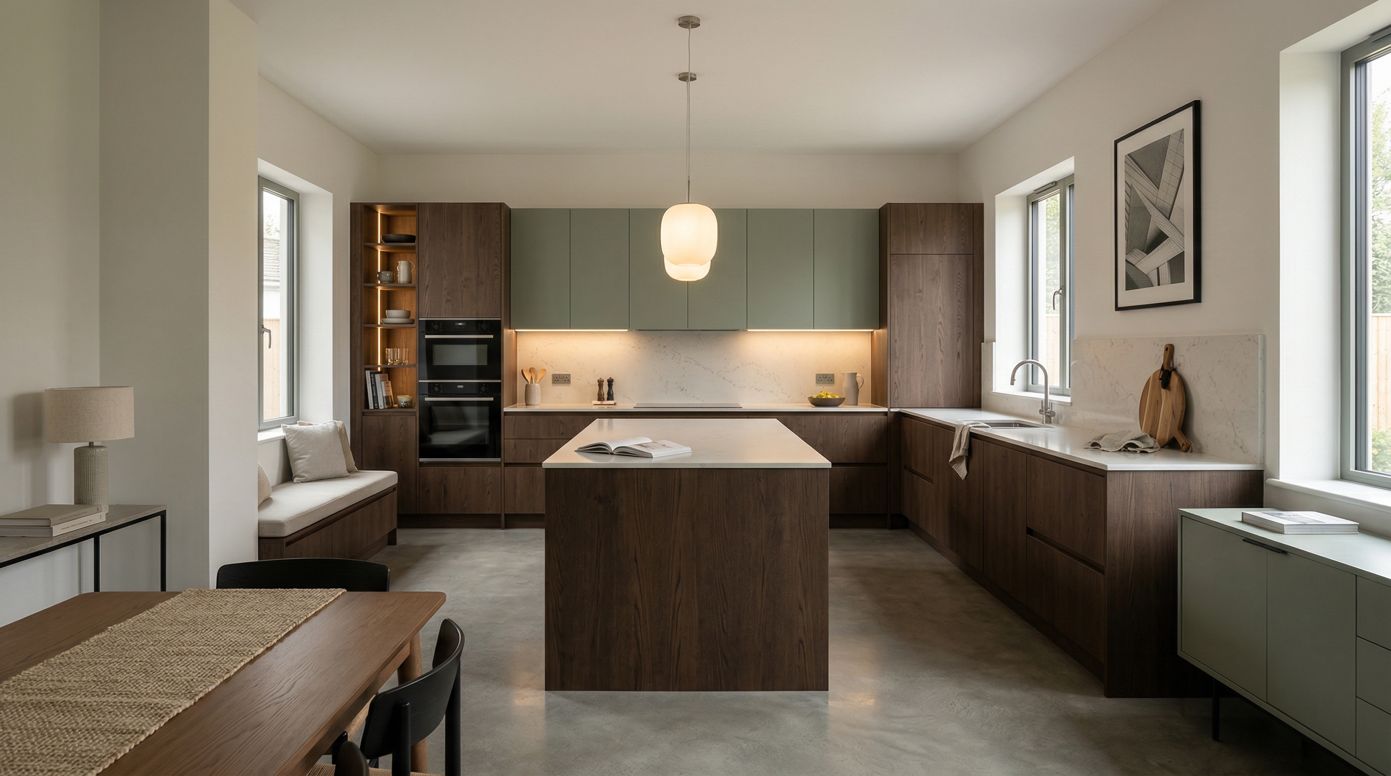 hero_1200x675 Wide view of a newly completed bespoke Mastercraft kitchen, matt painted handleless slab cabinetry in sage green tones