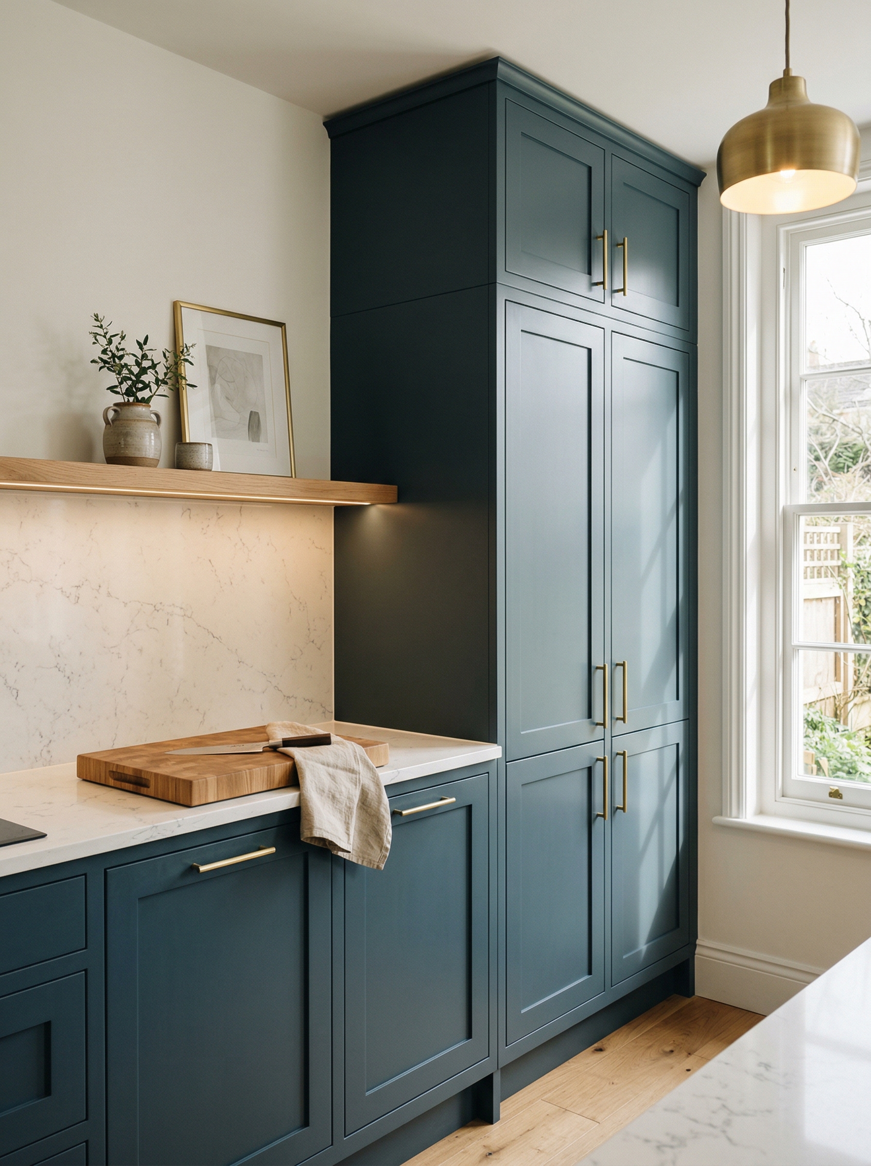 Tall view of full-height bespoke kitchen cabinetry, matt painted handleless slab cabinetry