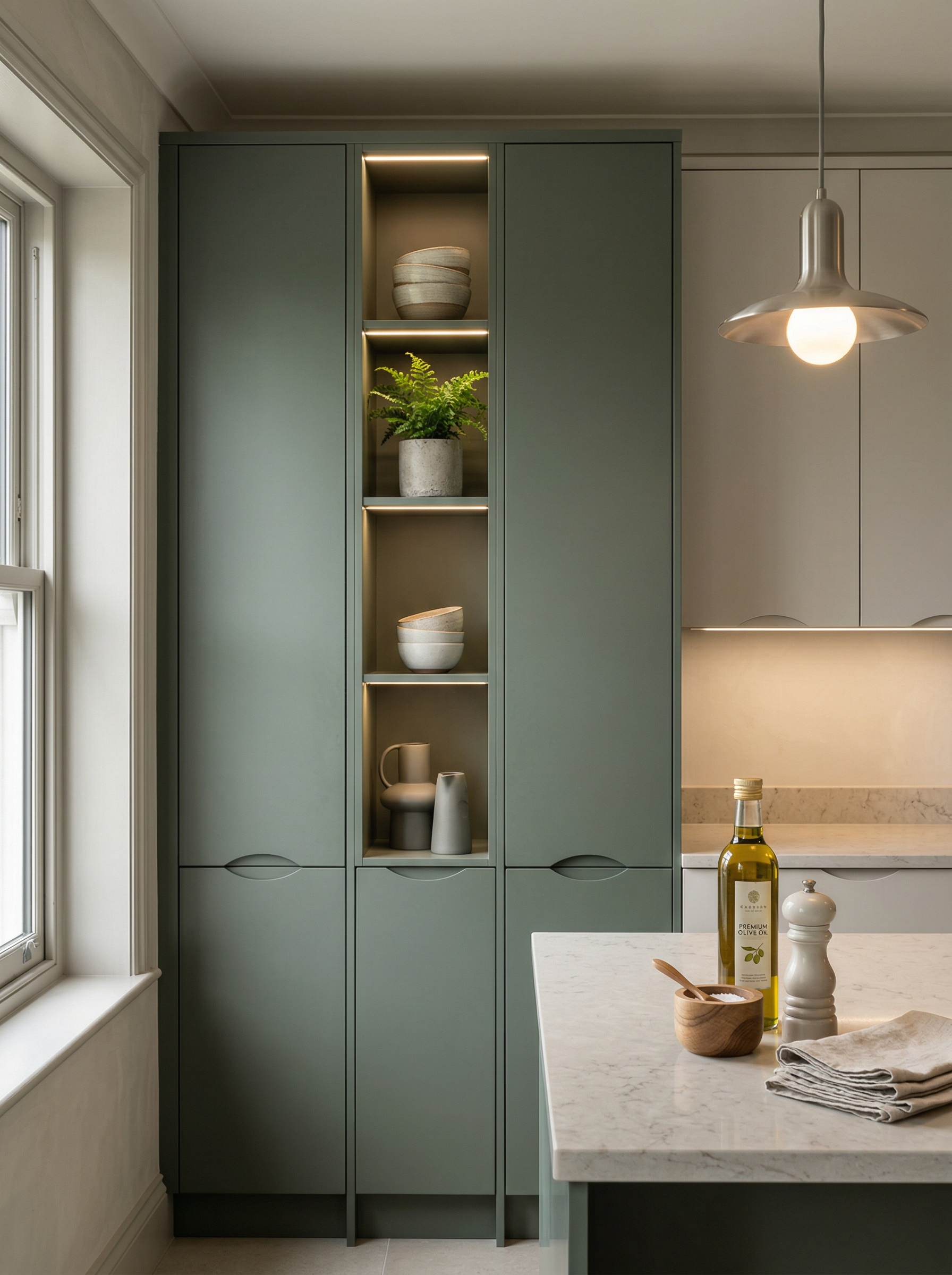 Bespoke kitchen installation, full-height cabinetry and considered storage design
