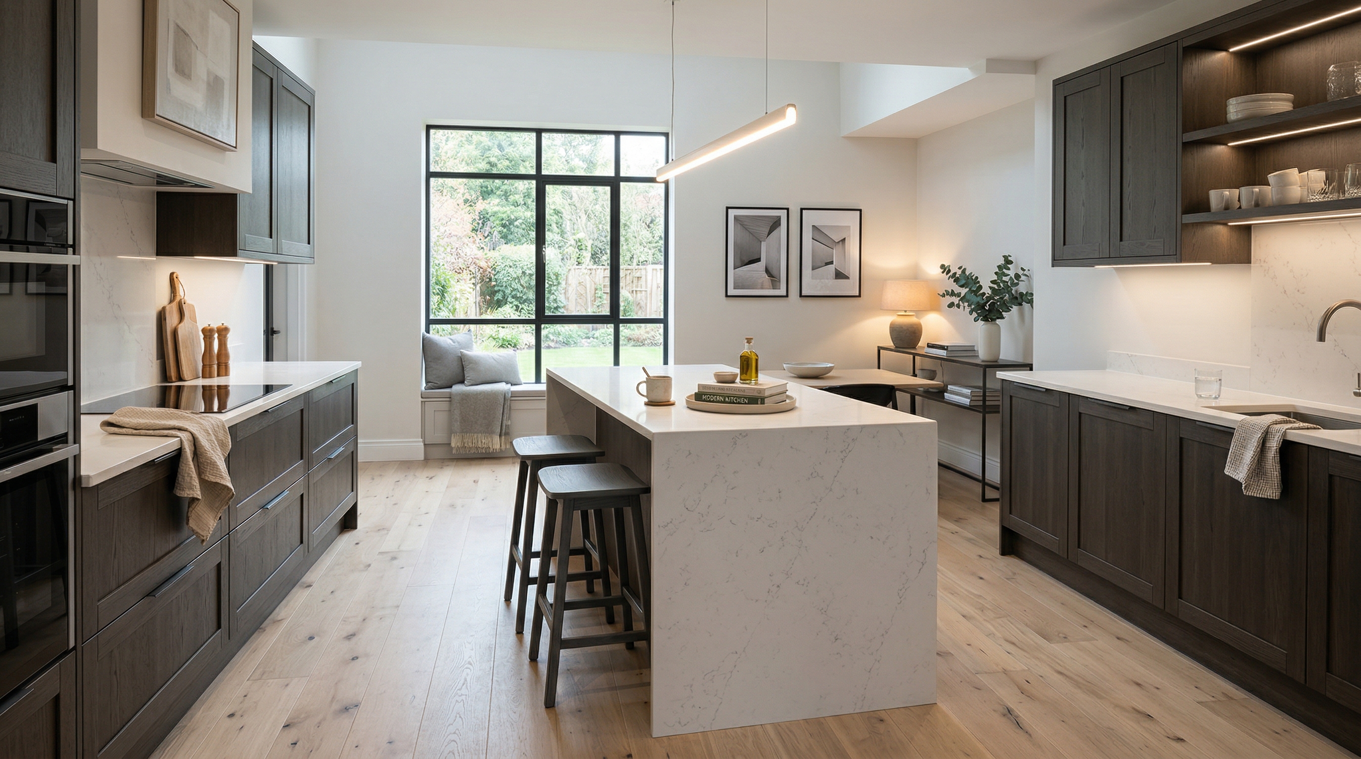 hero_1200x675 Wide view of a newly completed bespoke Mastercraft kitchen, contemporary painted lay-on cabinetry in willow tones