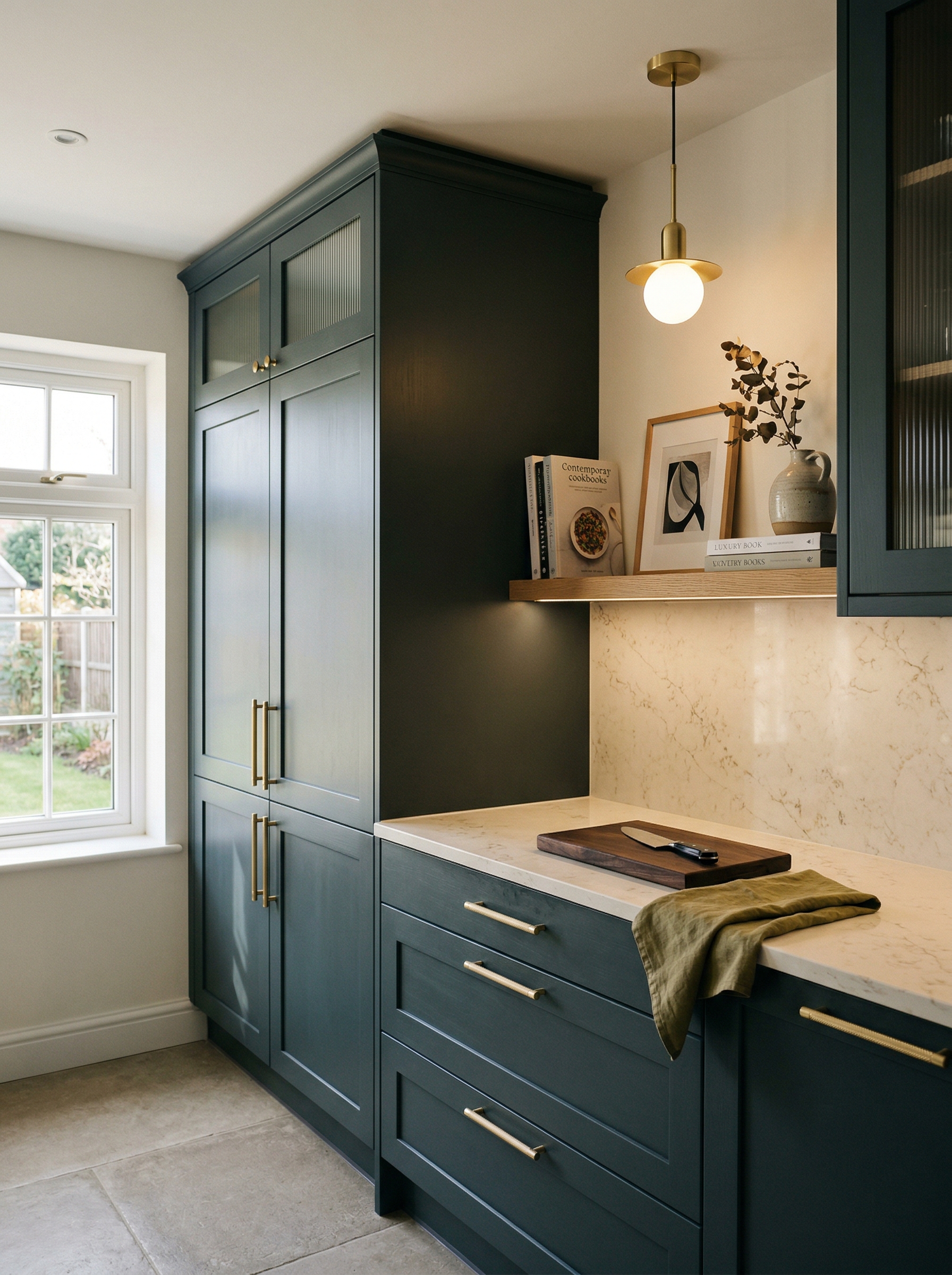 Tall view of full-height bespoke kitchen cabinetry, contemporary painted lay-on cabinetry