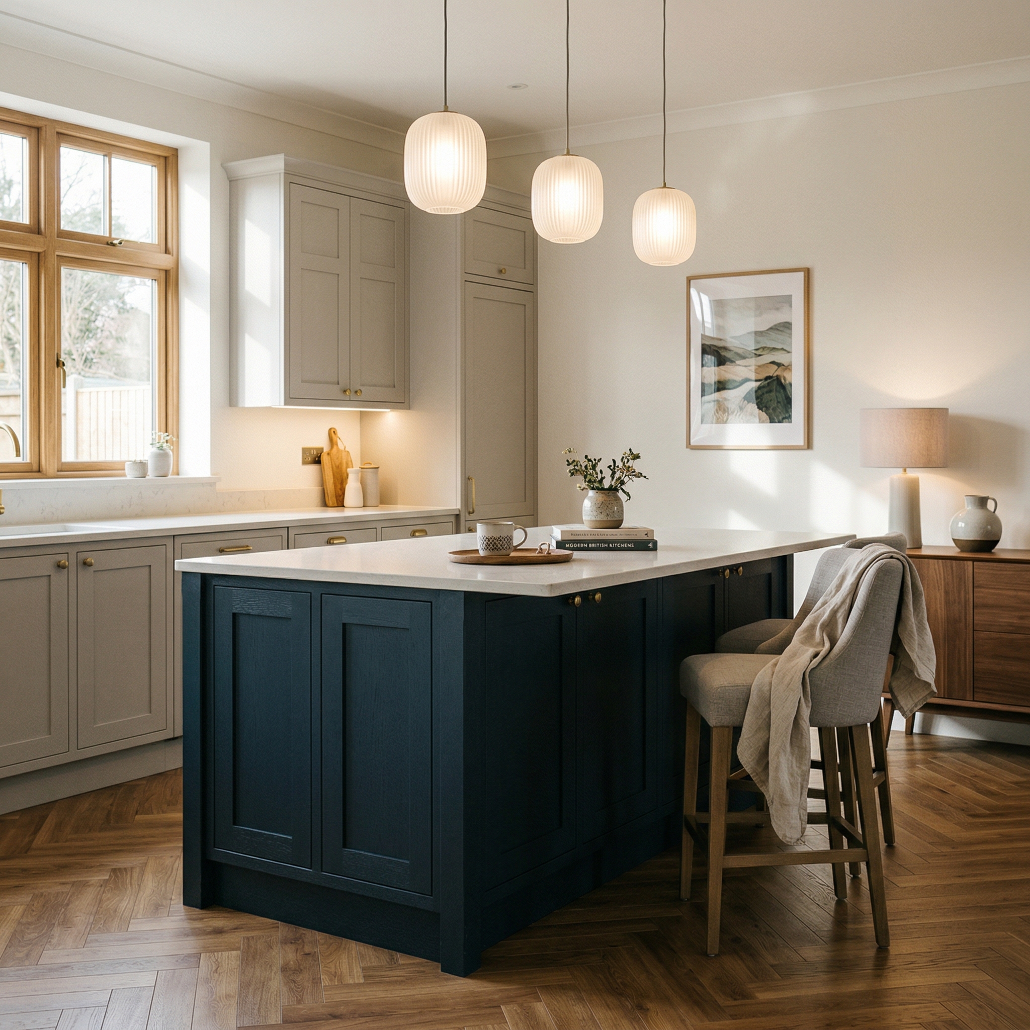 Bespoke kitchen island detail, contemporary painted lay-on cabinetry with quality joinery