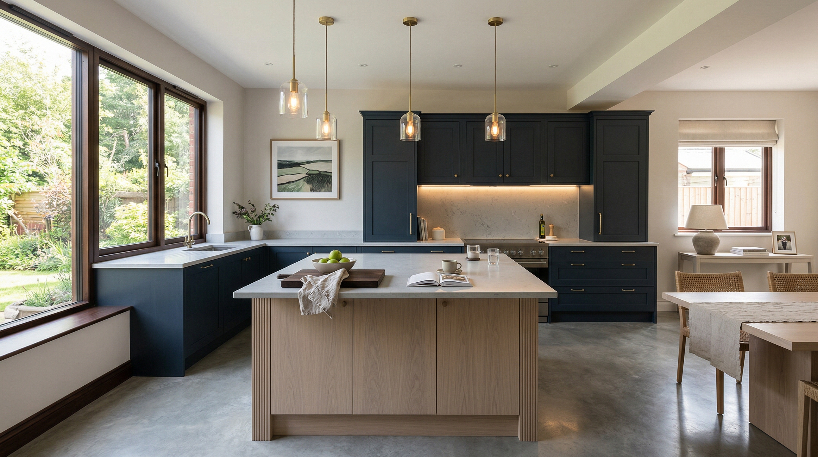 Mastercraft bespoke kitchen in Newtown, wide architectural view showing room volume and design quality