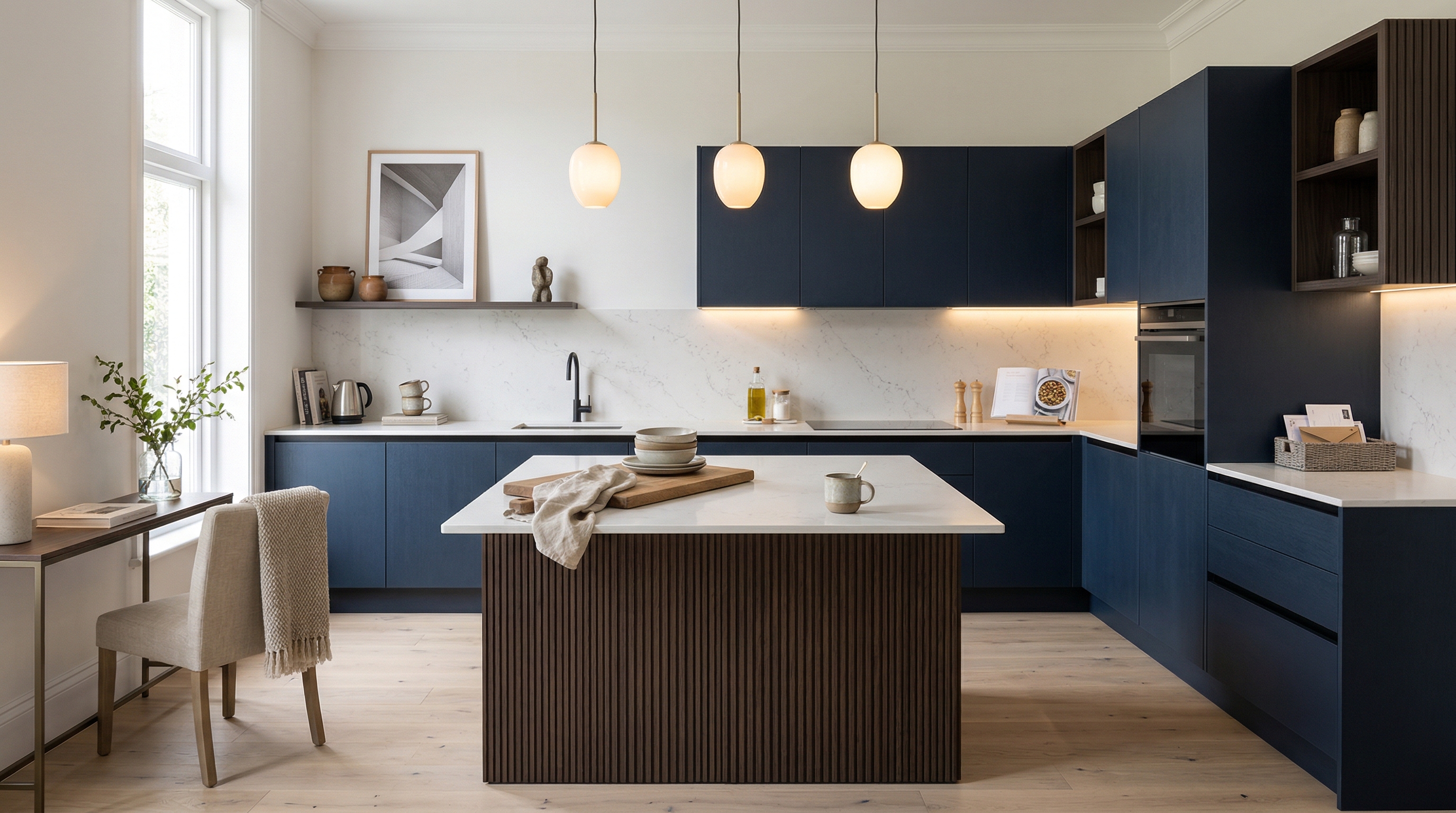 hero_1200x675 Wide view of a newly completed bespoke Mastercraft kitchen, matt painted handleless slab cabinetry in heritage green tones