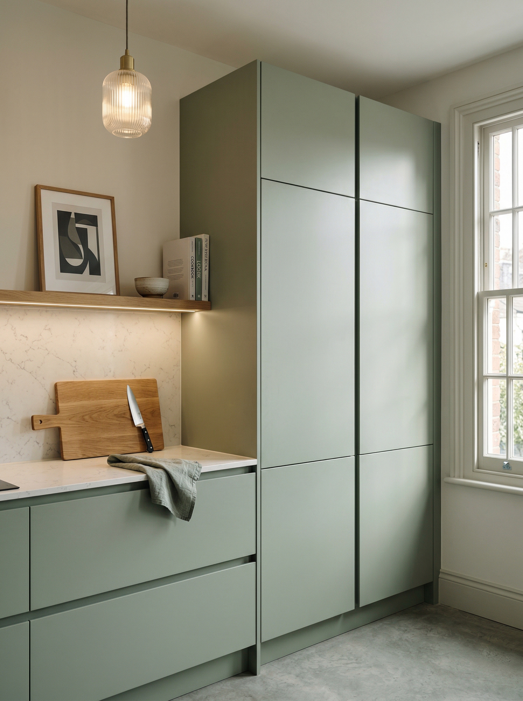 portrait1_600x800 Tall view of full-height bespoke kitchen cabinetry, matt painted handleless slab cabinetry