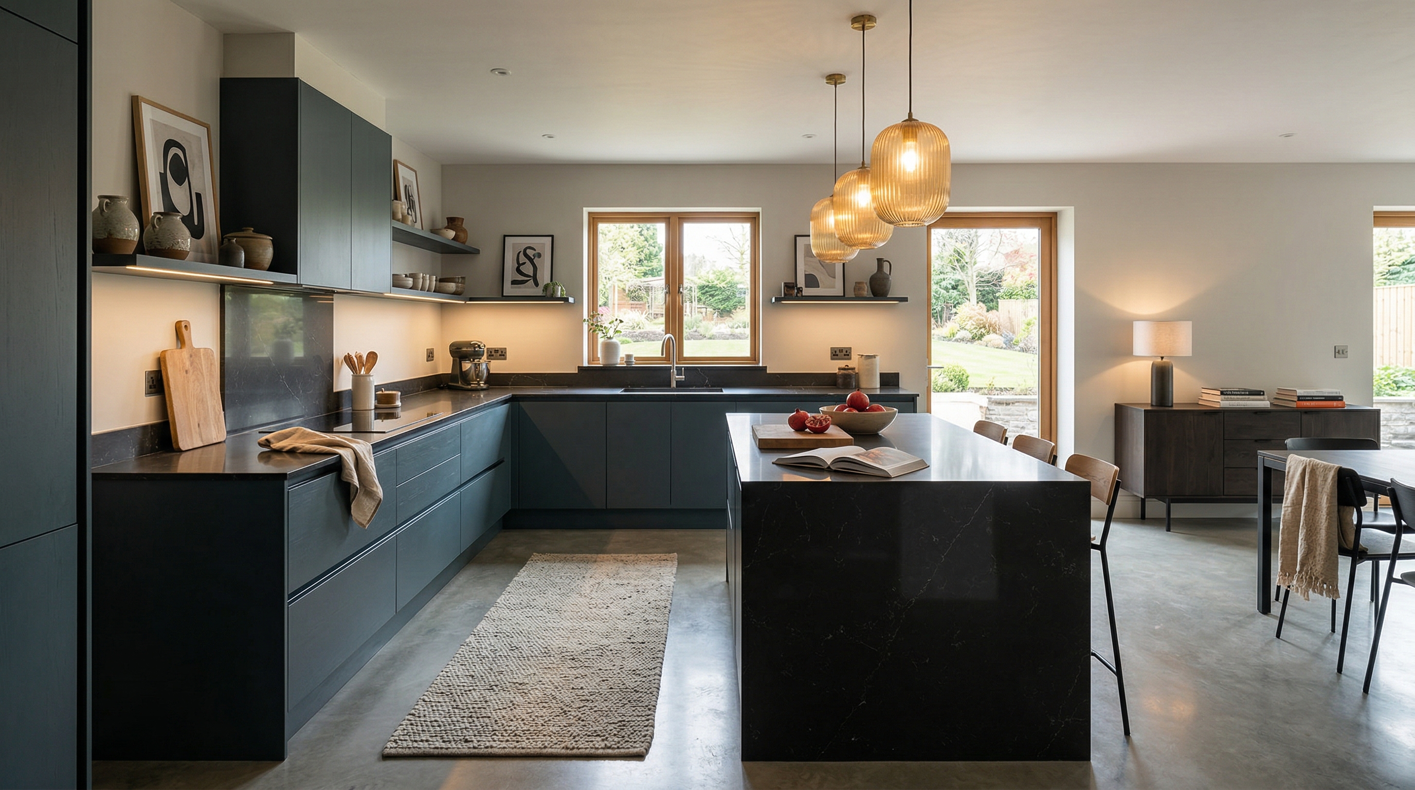 Mastercraft bespoke kitchen in Neyland, wide architectural view showing room volume and design quality