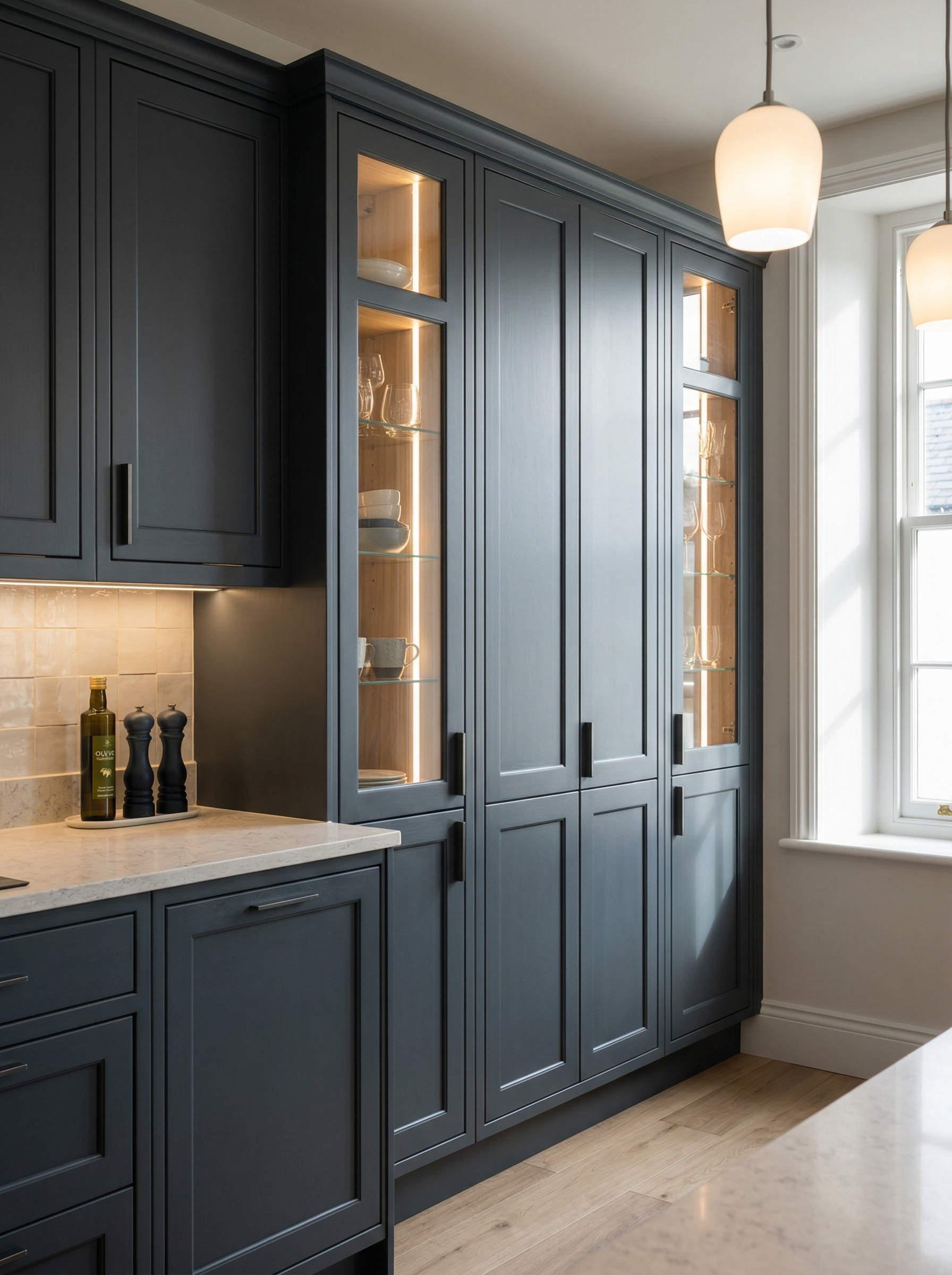 Bespoke kitchen installation, full-height cabinetry and considered storage design