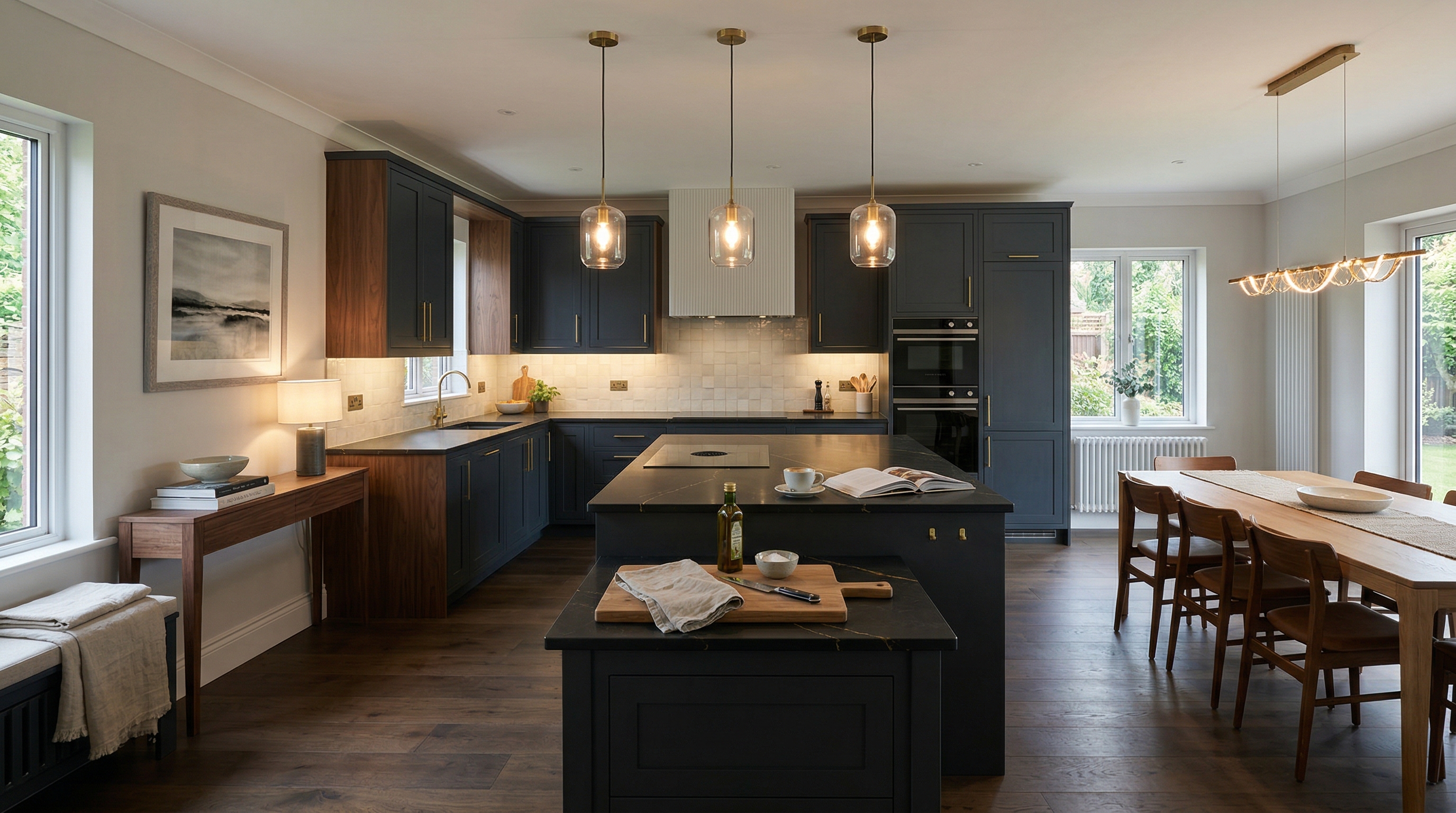 Mastercraft bespoke kitchen in North Shields, wide architectural view showing room volume and design quality