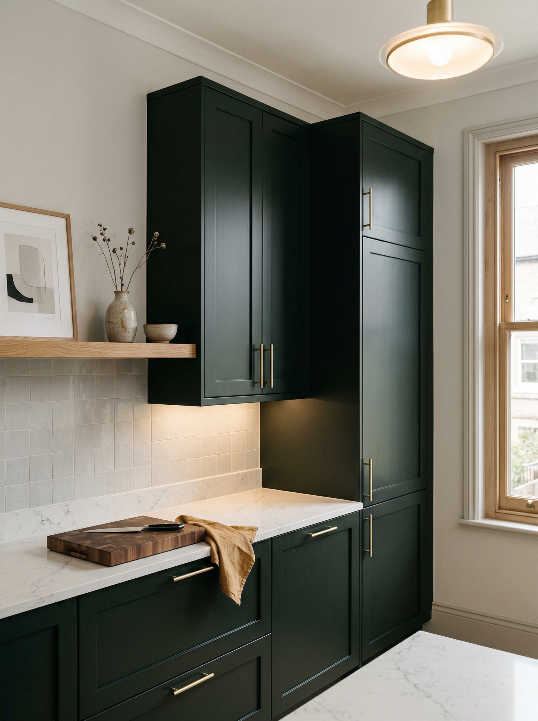 portrait1_600x800 Tall view of full-height bespoke kitchen cabinetry, matt painted handleless slab cabinetry