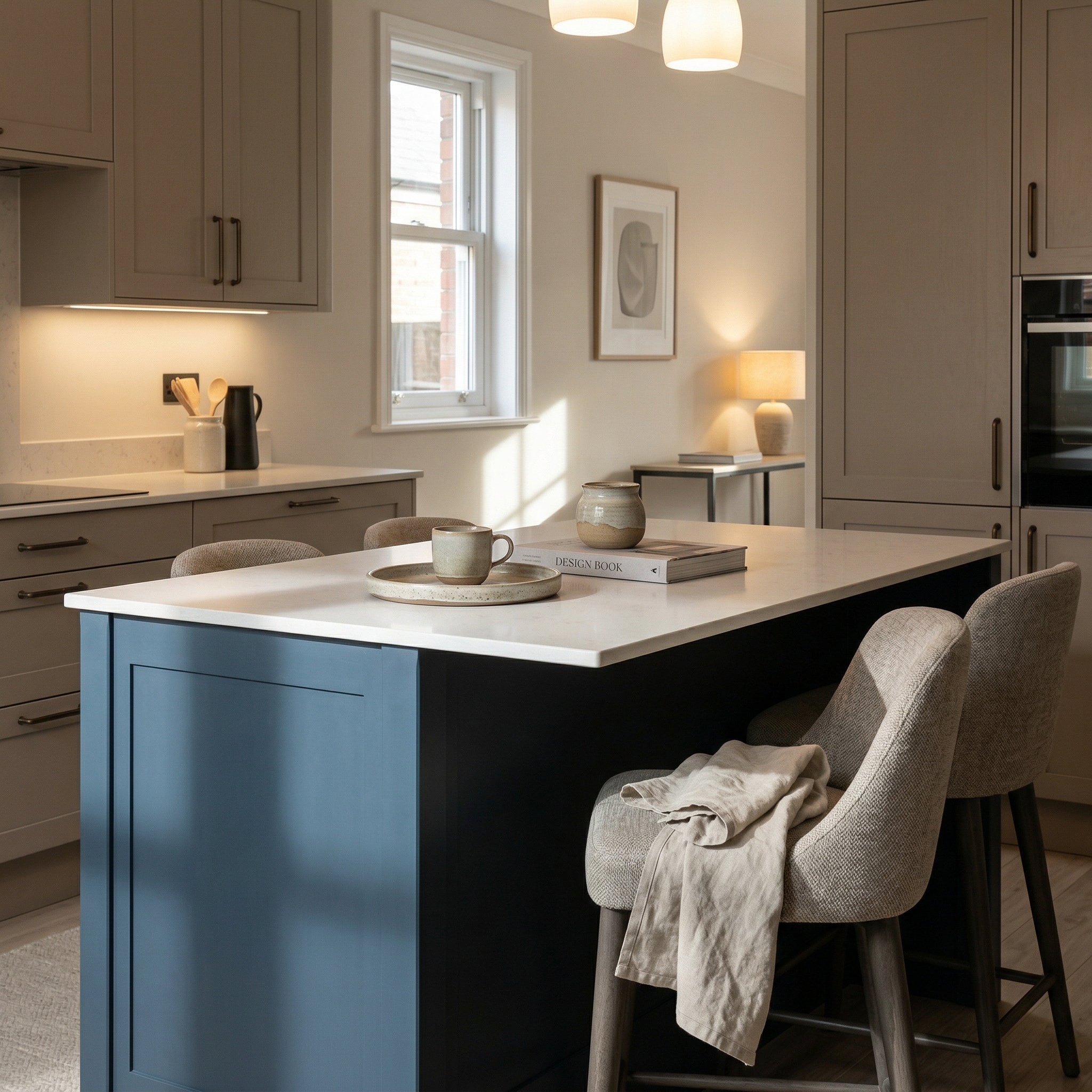 Bespoke kitchen island detail, matt painted handleless slab cabinetry with quality joinery