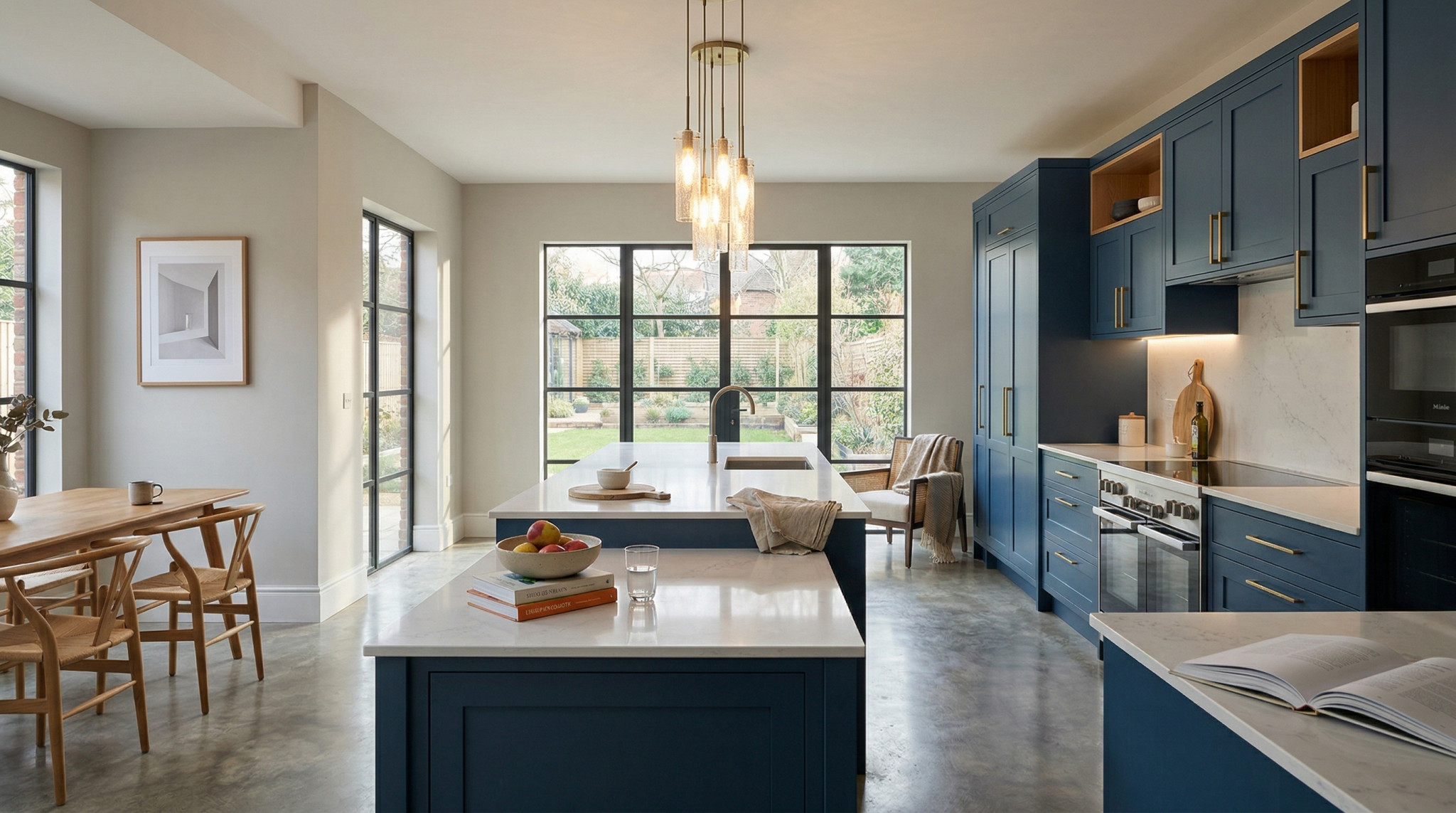 Wide view of a newly completed bespoke Mastercraft kitchen, modern shaker cabinetry in cannon black tones