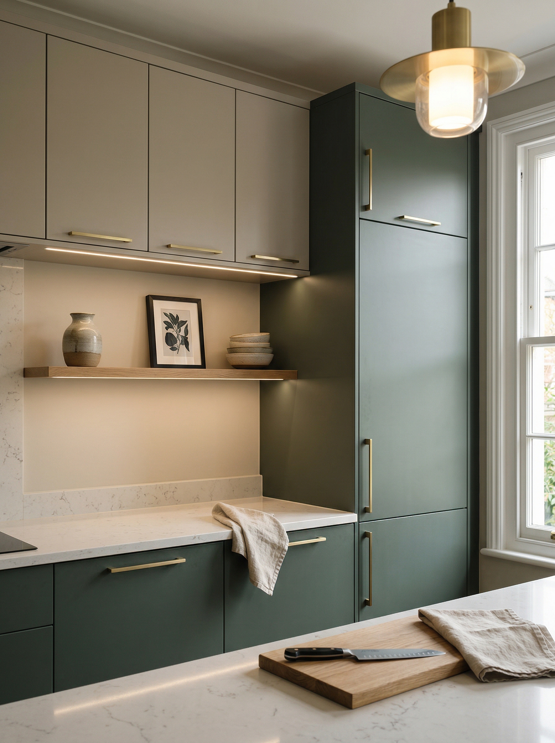 Tall view of full-height bespoke kitchen cabinetry, modern shaker cabinetry