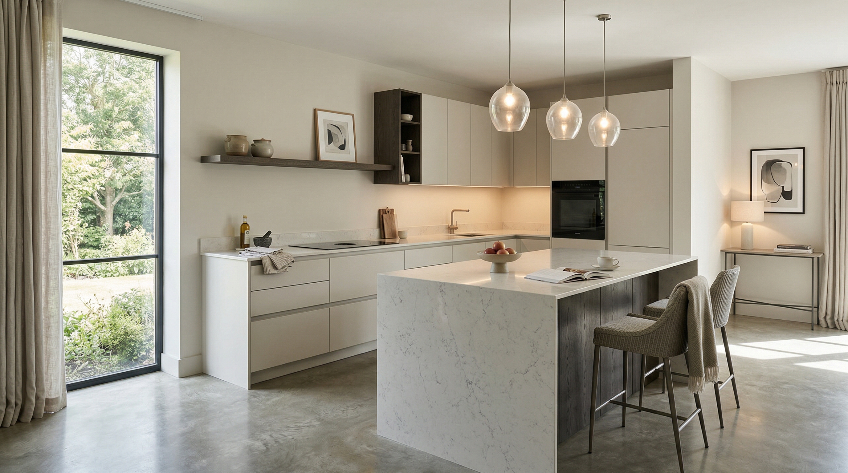 Mastercraft bespoke kitchen in Oakham, wide architectural view showing room volume and design quality