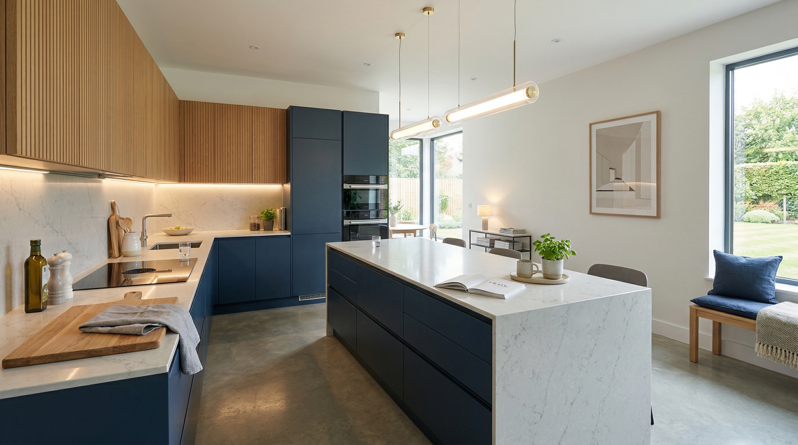 Wide view of a newly completed bespoke Mastercraft kitchen, timber veneer slab-door cabinetry in monument grey tones