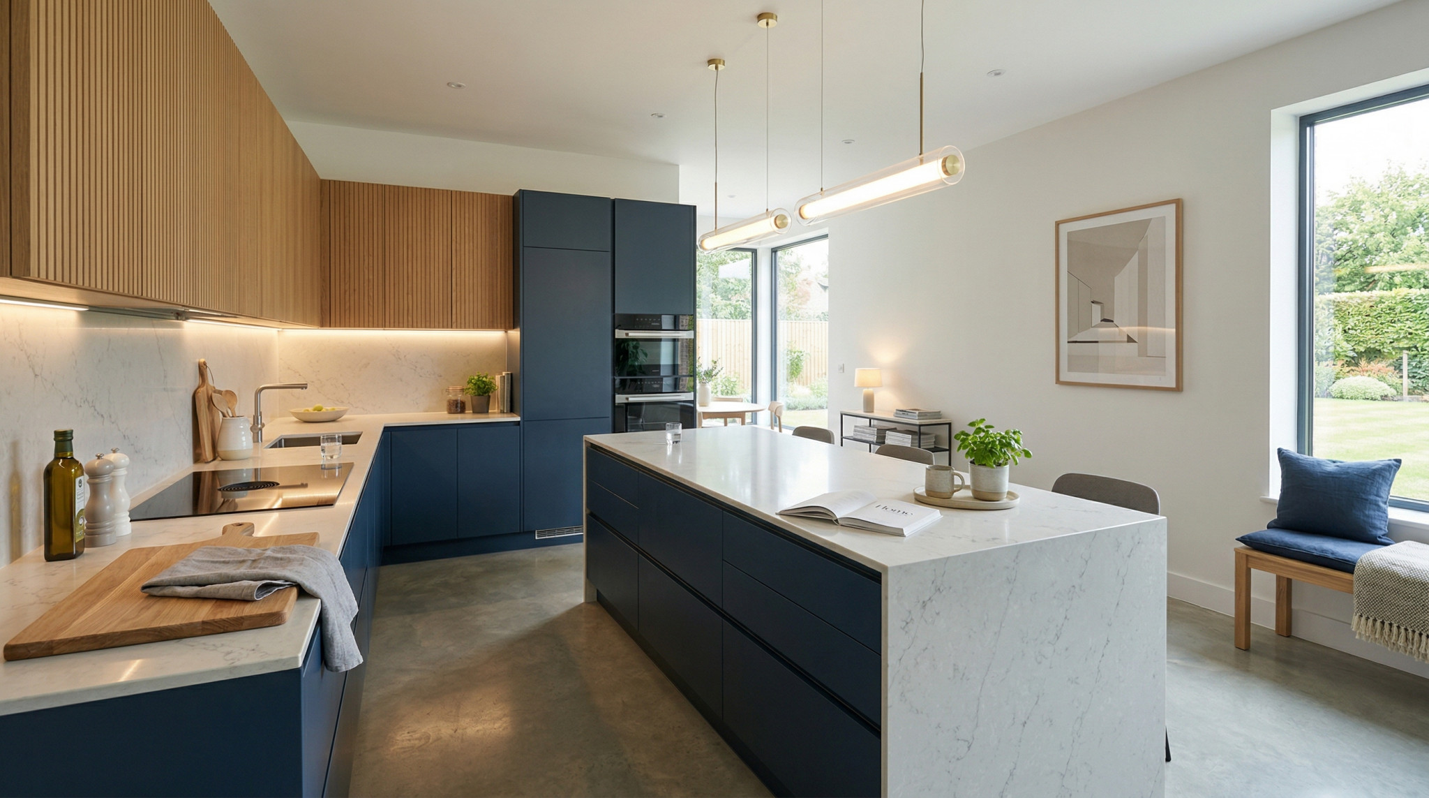 Wide view of a newly completed bespoke Mastercraft kitchen, timber veneer slab-door cabinetry in monument grey tones