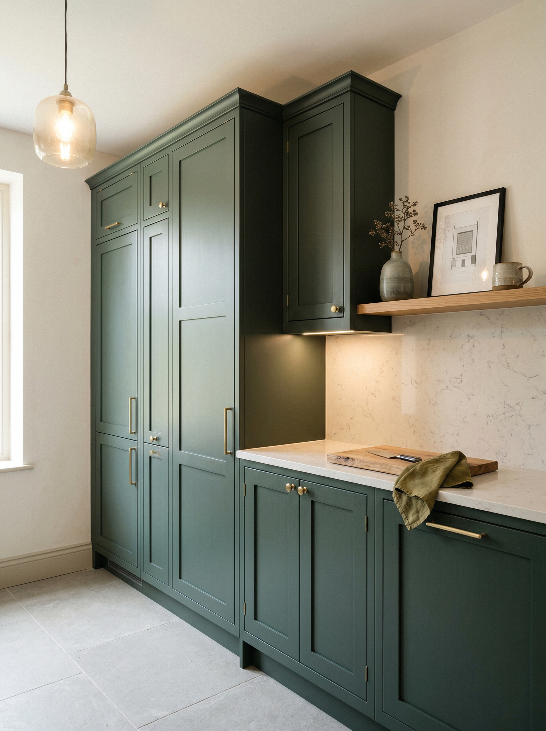 Tall view of full-height bespoke kitchen cabinetry, timber veneer slab-door cabinetry