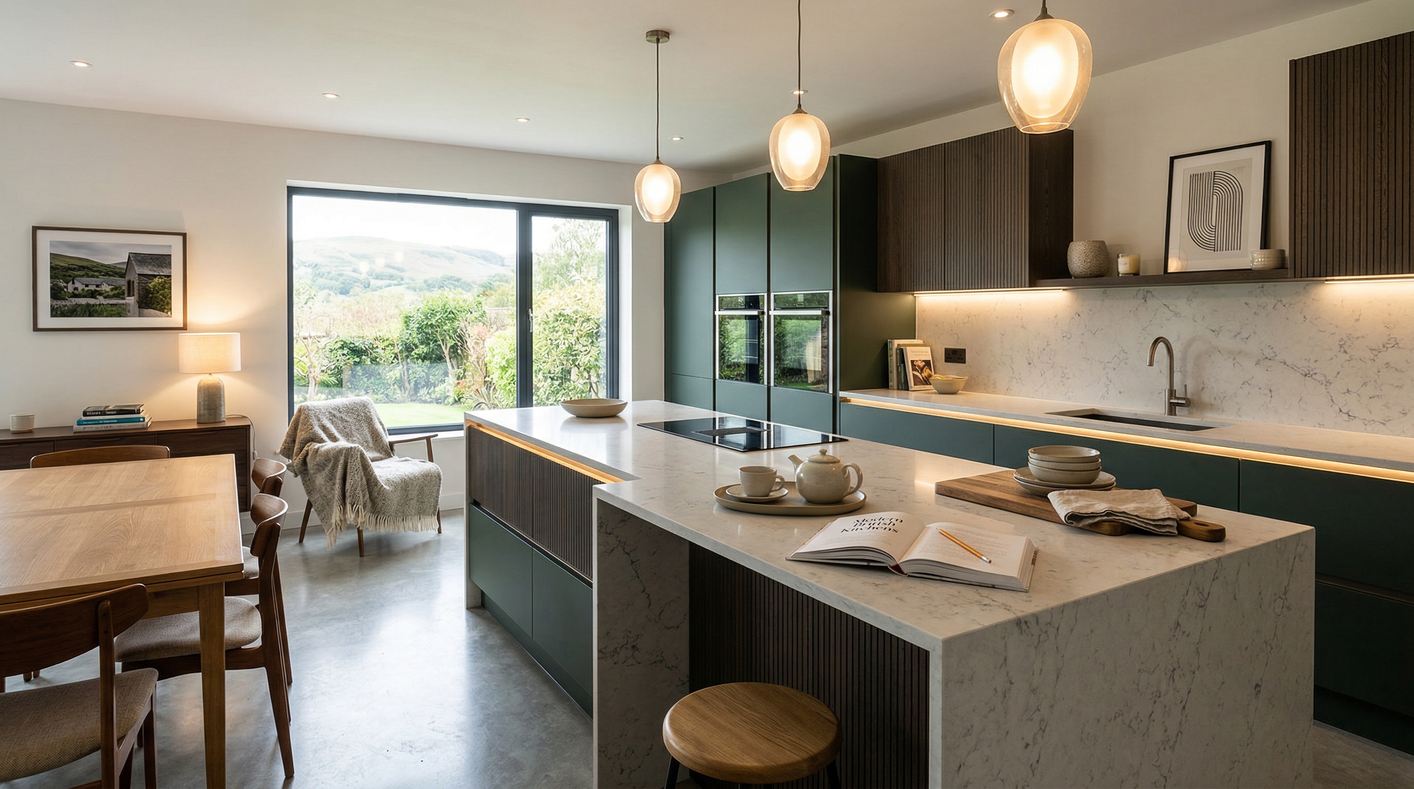 Mastercraft bespoke kitchen in Ogmore Vale, wide architectural view showing room volume and design quality