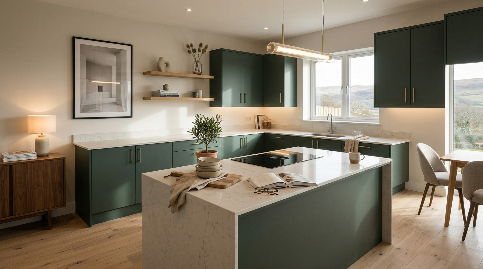 Wide view of a newly completed bespoke Mastercraft kitchen, matt painted handleless slab cabinetry in lava tones