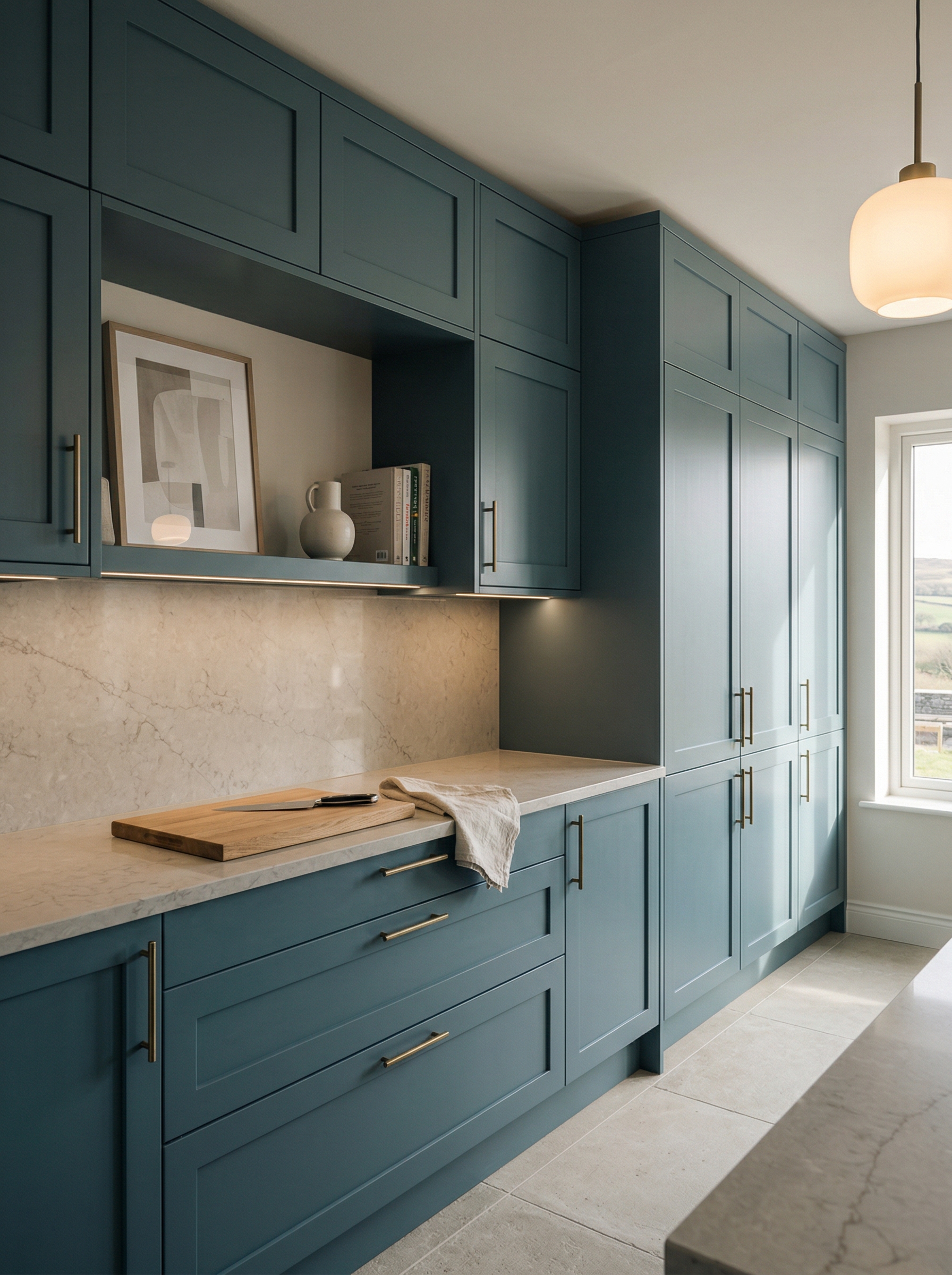 portrait1_600x800 Tall view of full-height bespoke kitchen cabinetry, matt painted handleless slab cabinetry