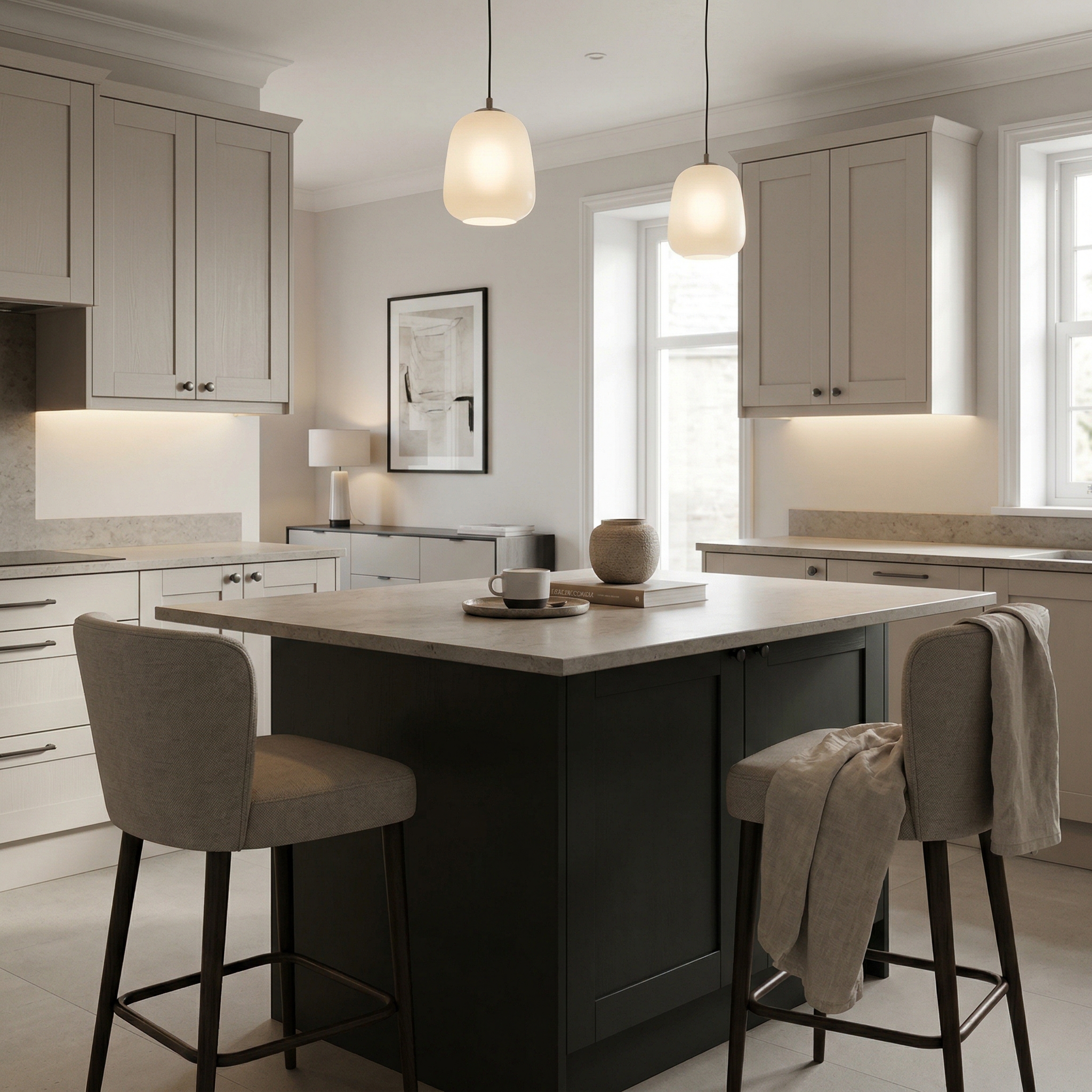 Bespoke kitchen island detail, matt painted handleless slab cabinetry with quality joinery