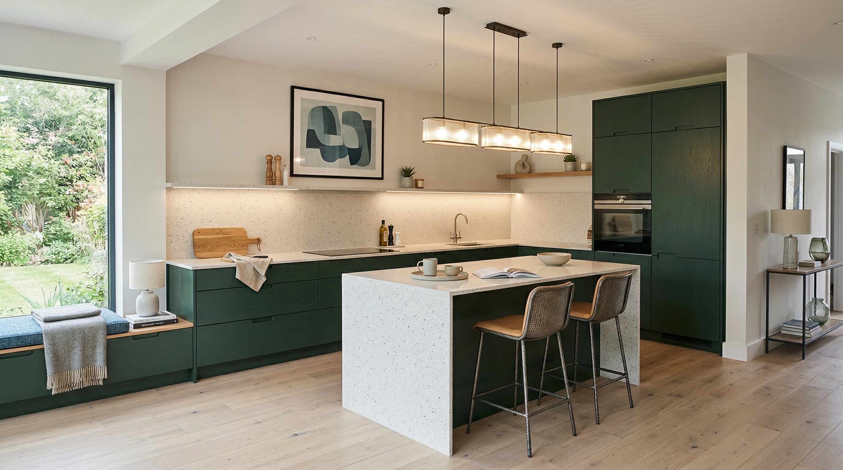 Mastercraft bespoke kitchen in Orpington, wide architectural view showing room volume and design quality