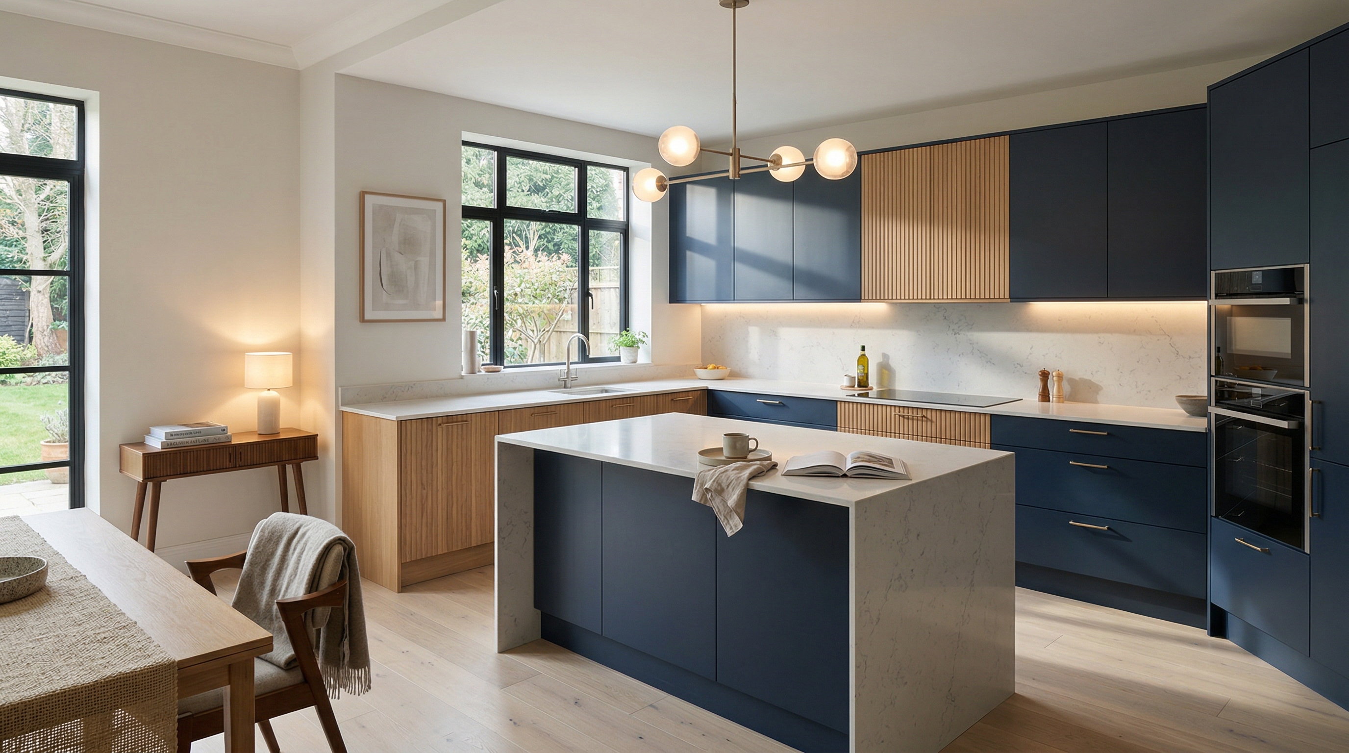 hero_1200x675 Wide view of a newly completed bespoke Mastercraft kitchen, timber veneer slab-door cabinetry in taupe grey tones