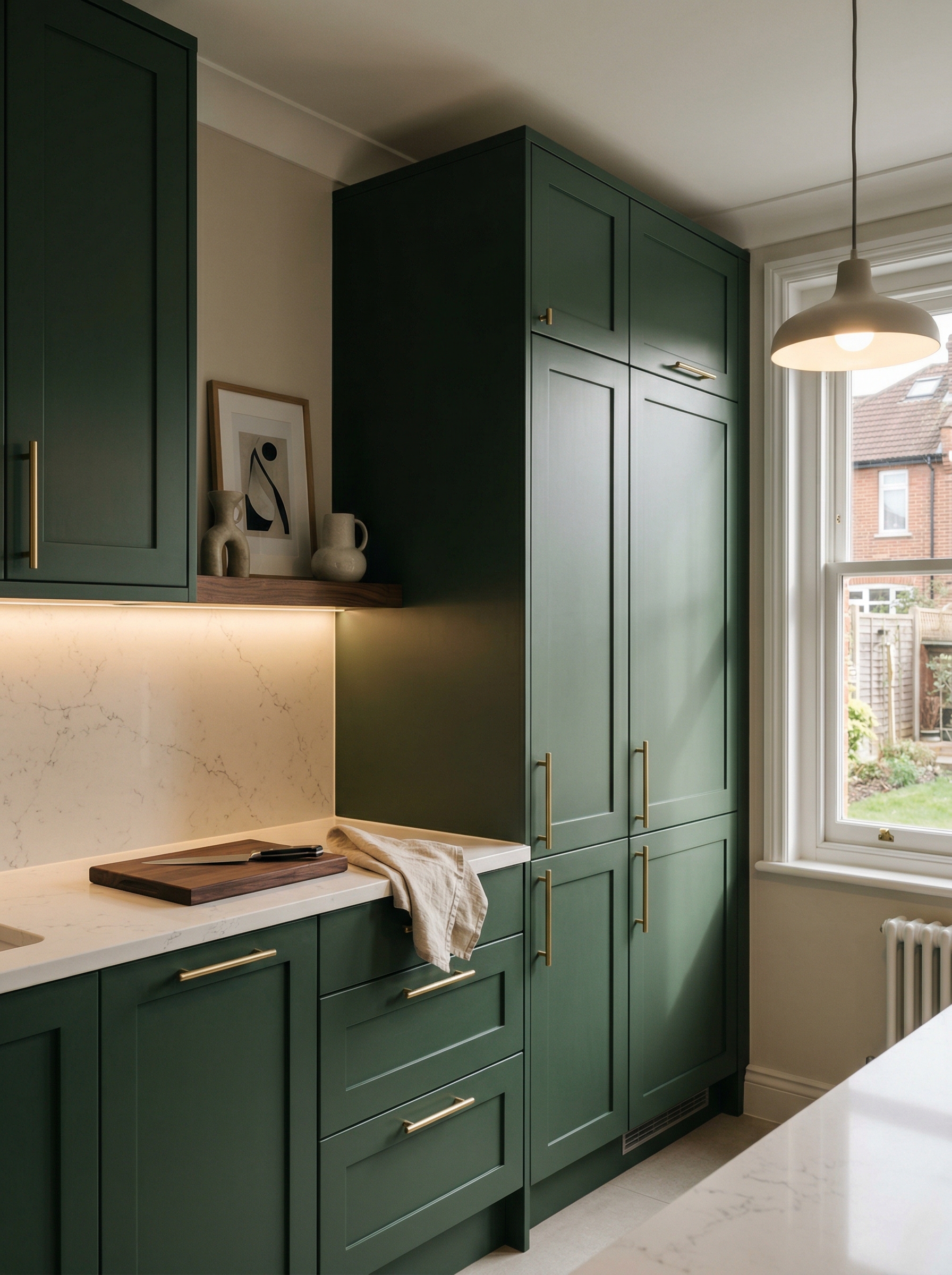 Tall view of full-height bespoke kitchen cabinetry, timber veneer slab-door cabinetry