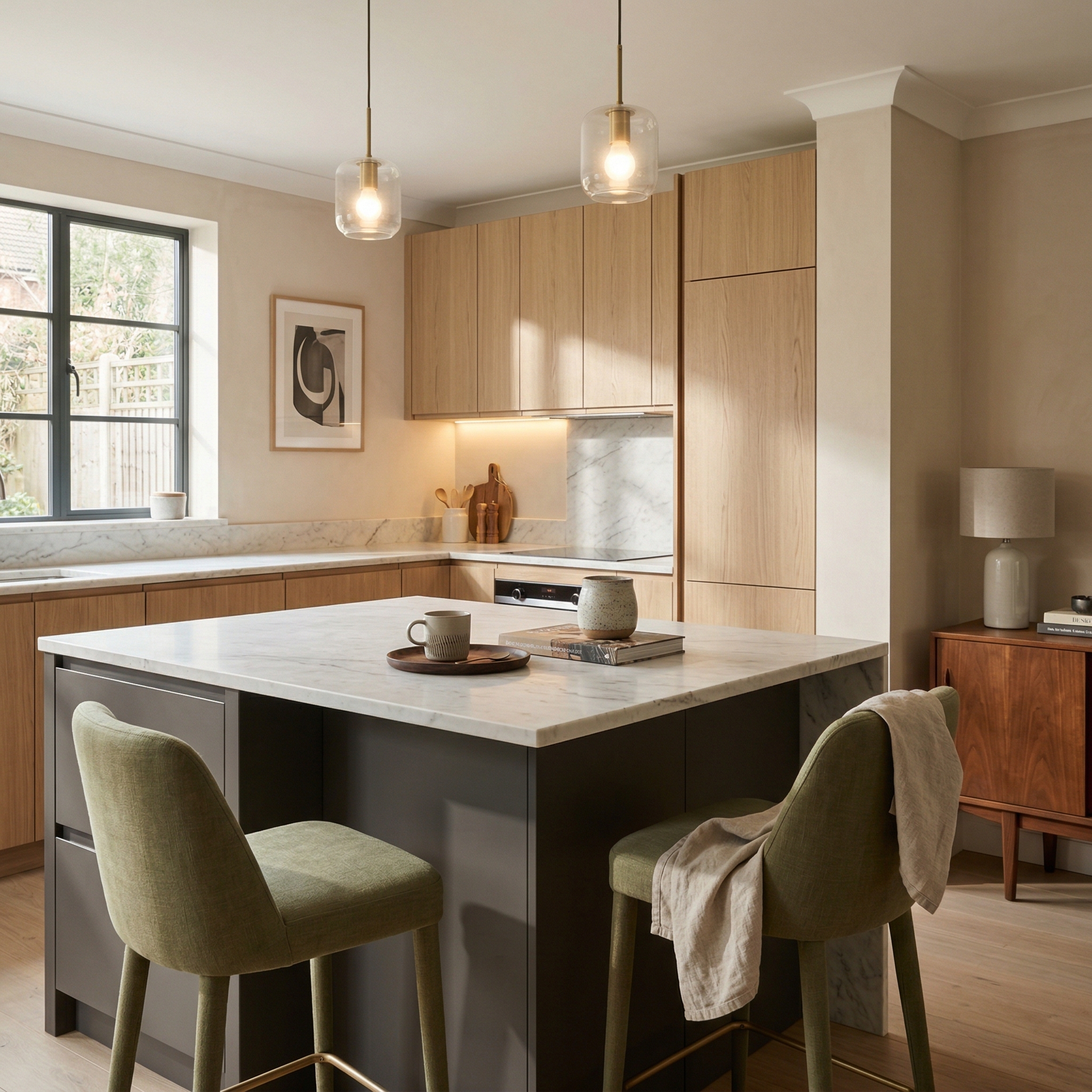 Bespoke kitchen island detail, timber veneer slab-door cabinetry with quality joinery