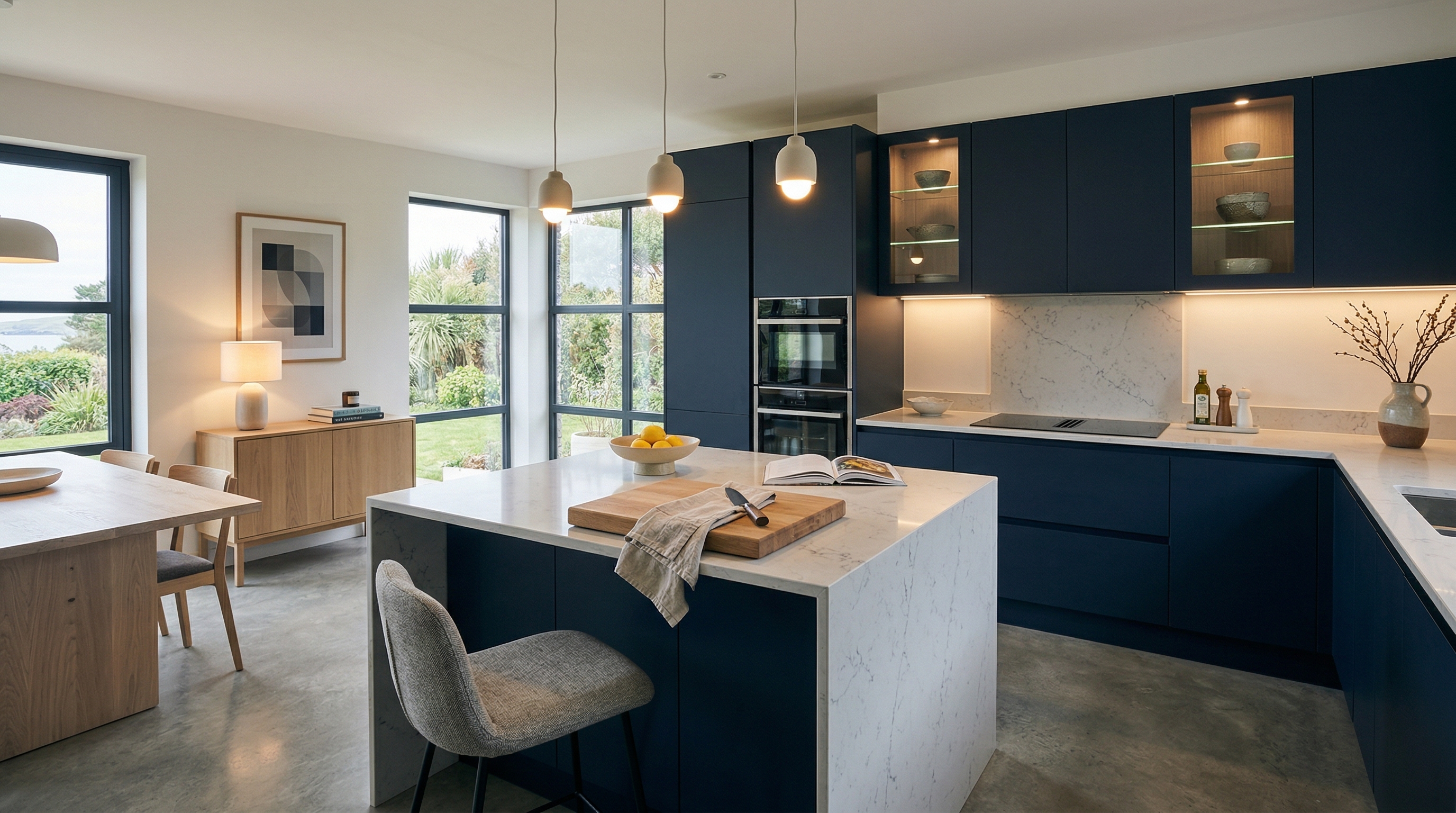 Mastercraft bespoke kitchen in Padstow, wide architectural view showing room volume and design quality