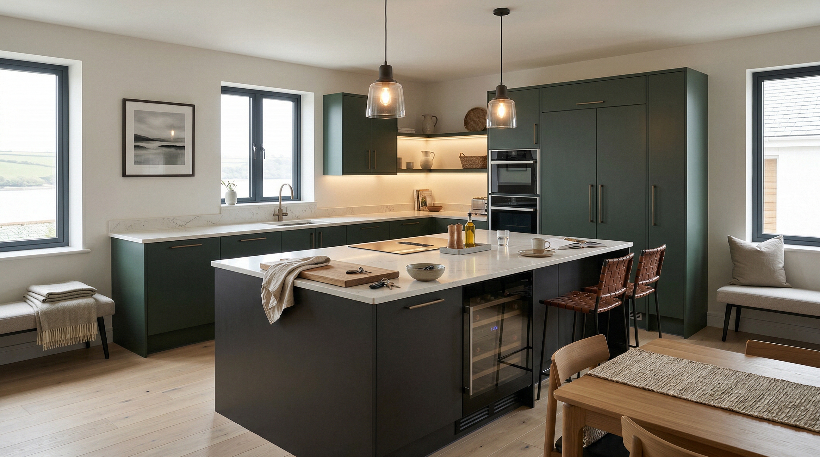 hero_1200x675 Wide view of a newly completed bespoke Mastercraft kitchen, contemporary painted lay-on cabinetry in shell tones