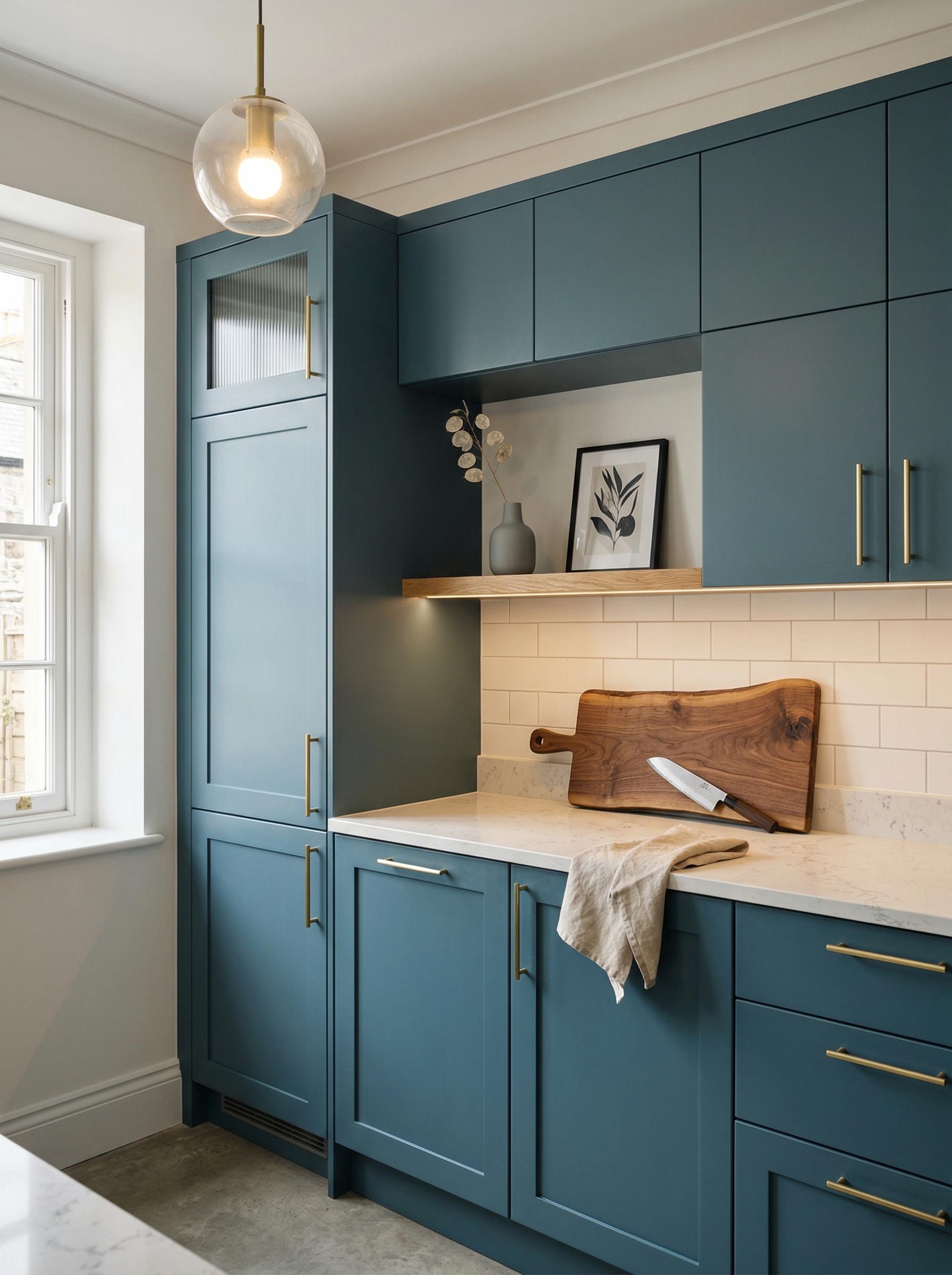 Tall view of full-height bespoke kitchen cabinetry, contemporary painted lay-on cabinetry