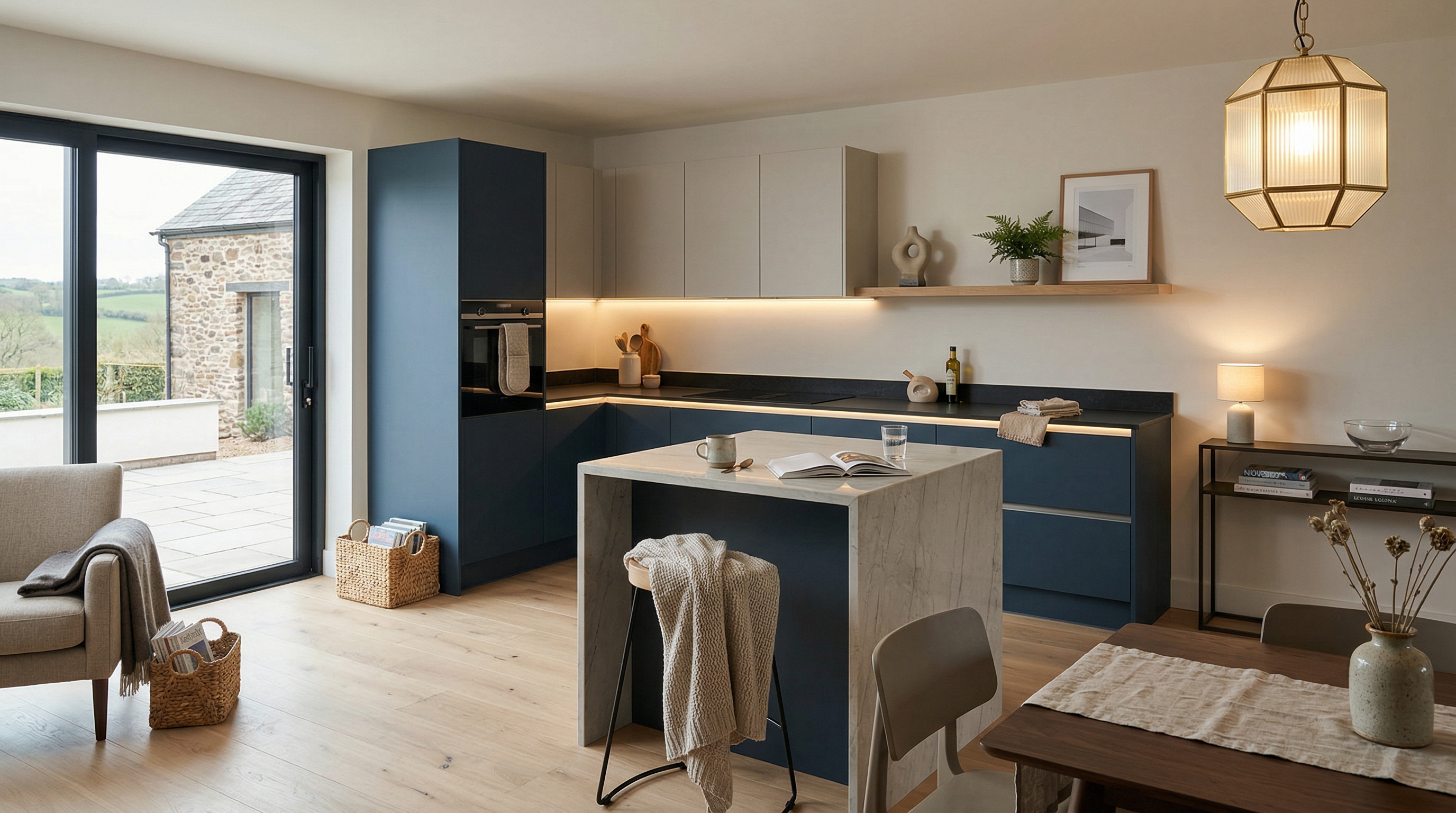 Mastercraft bespoke kitchen in Paignton, wide architectural view showing room volume and design quality