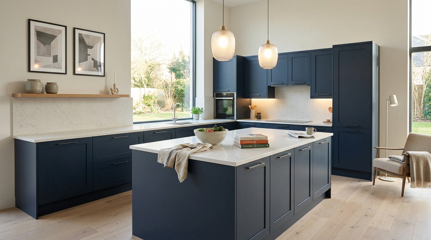 hero_1200x675 Wide view of a newly completed bespoke Mastercraft kitchen, contemporary painted lay-on cabinetry in parisian blue tones
