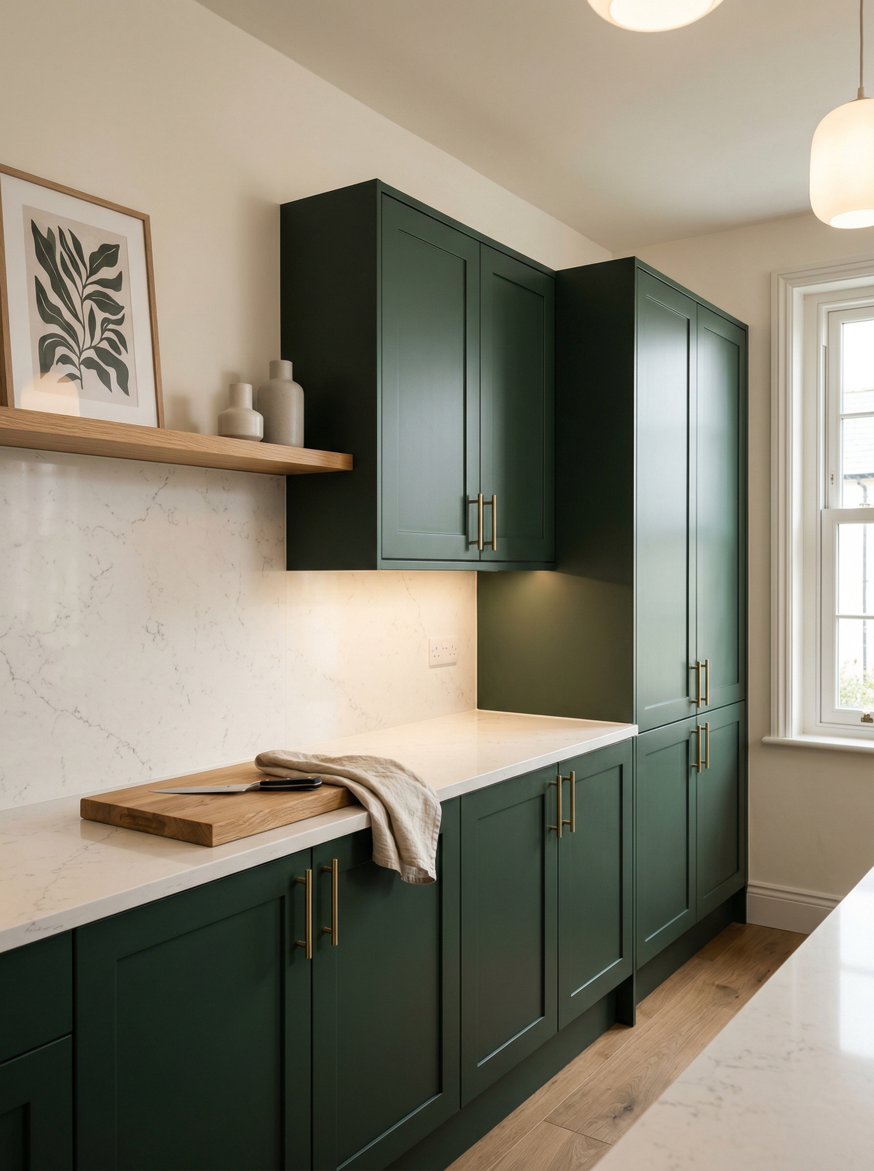 Tall view of full-height bespoke kitchen cabinetry, contemporary painted lay-on cabinetry