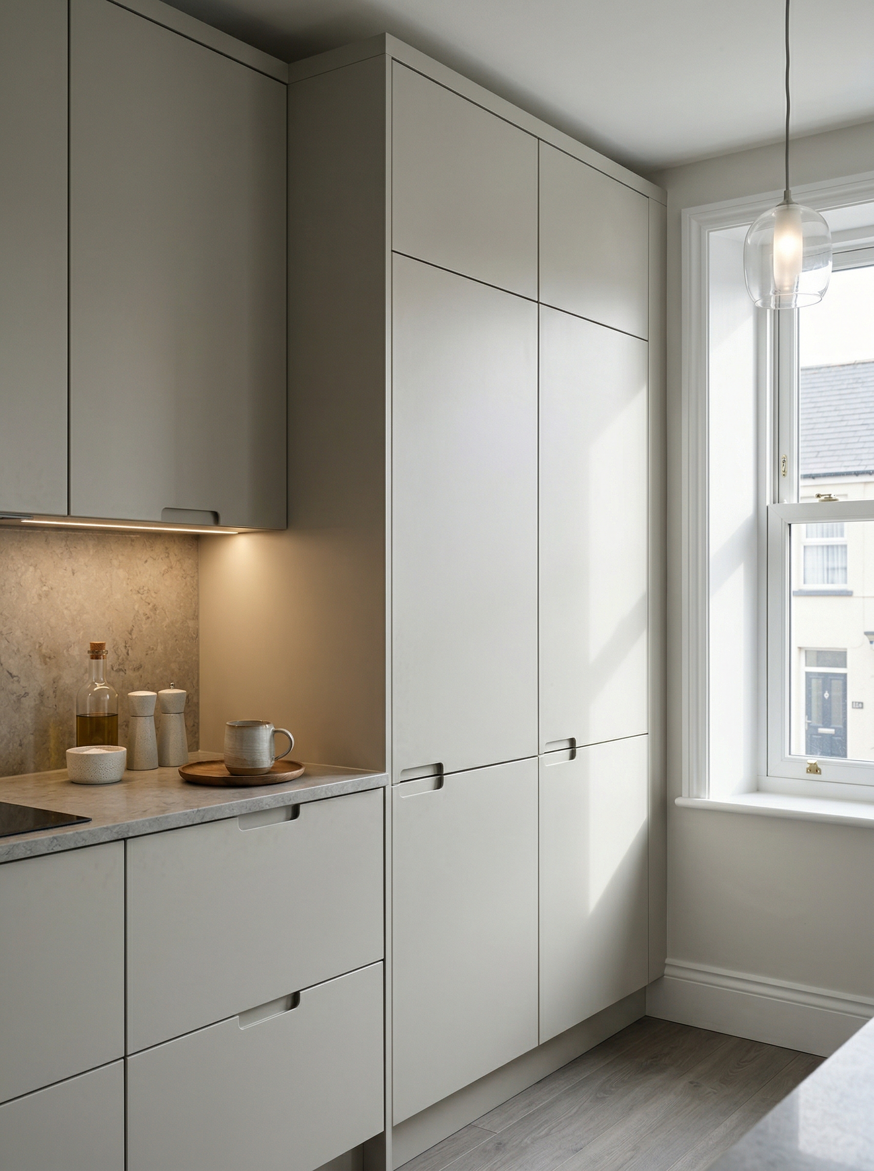Bespoke kitchen installation, full-height cabinetry and considered storage design