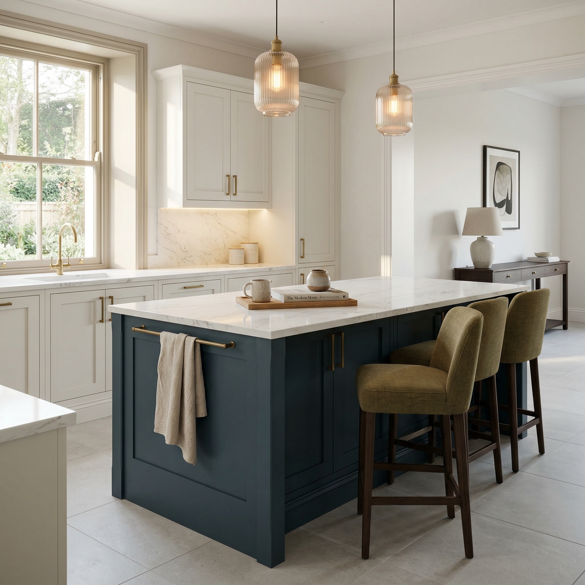 Bespoke kitchen island detail, contemporary painted lay-on cabinetry with quality joinery