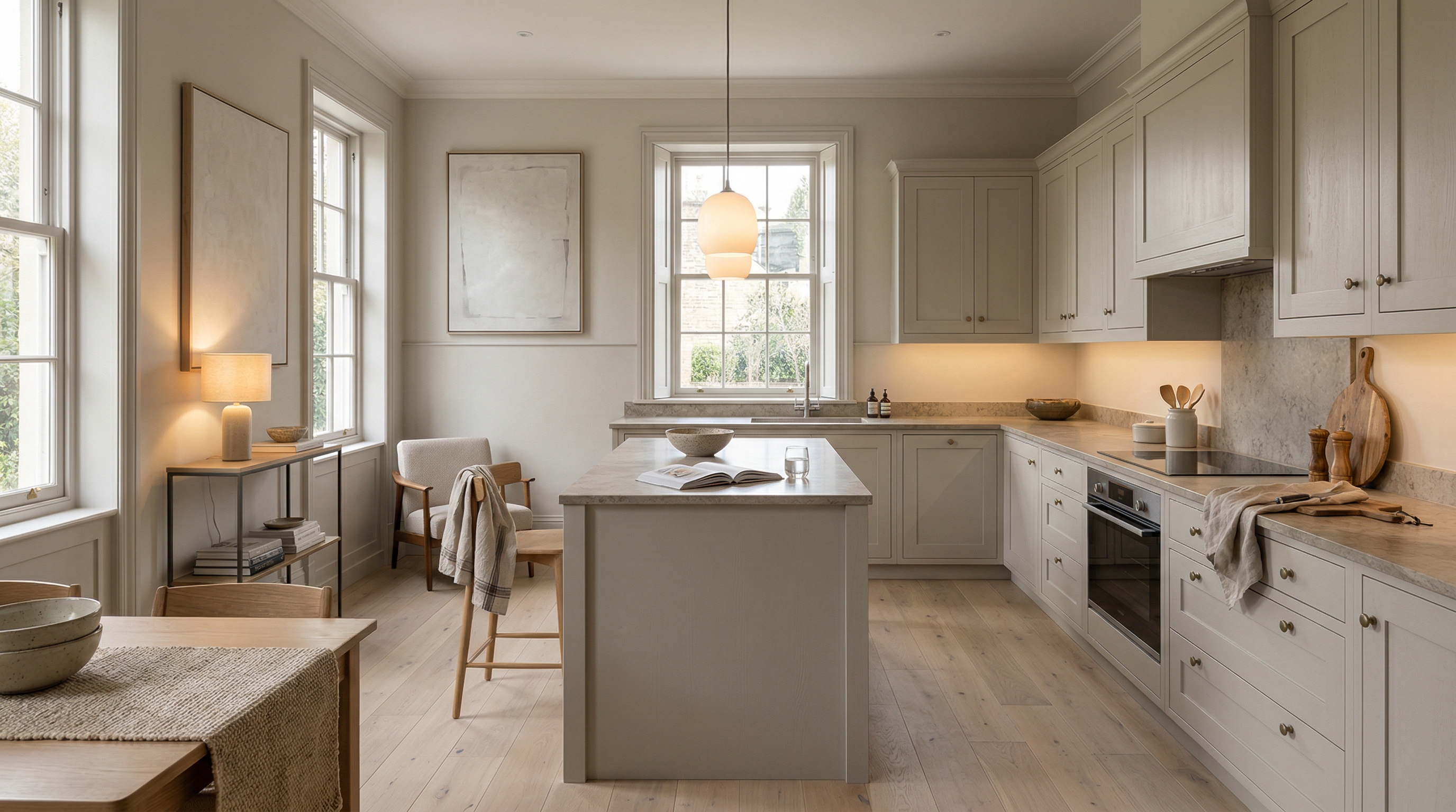 Wide view of a newly completed bespoke Mastercraft kitchen, matt painted handleless slab cabinetry in lava tones