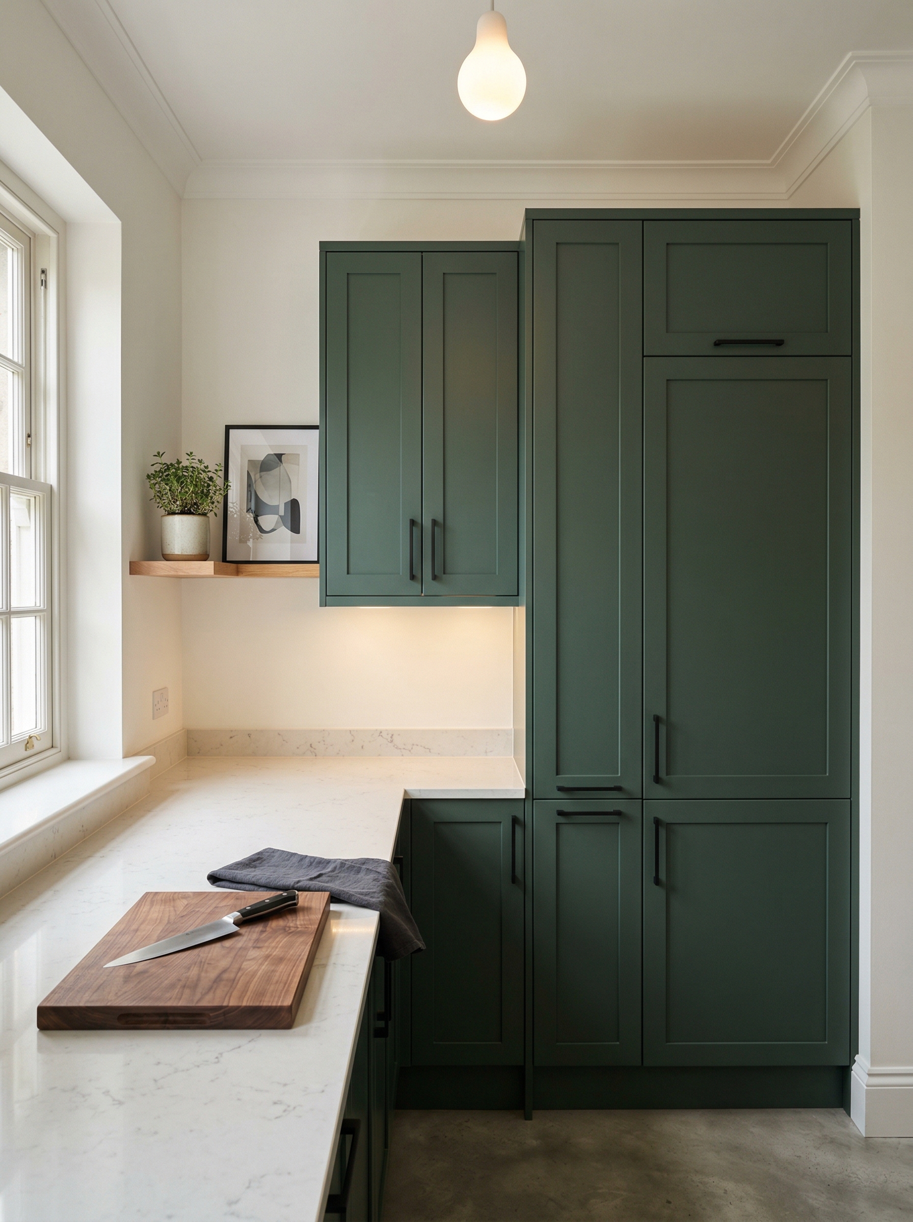 Tall view of full-height bespoke kitchen cabinetry, matt painted handleless slab cabinetry