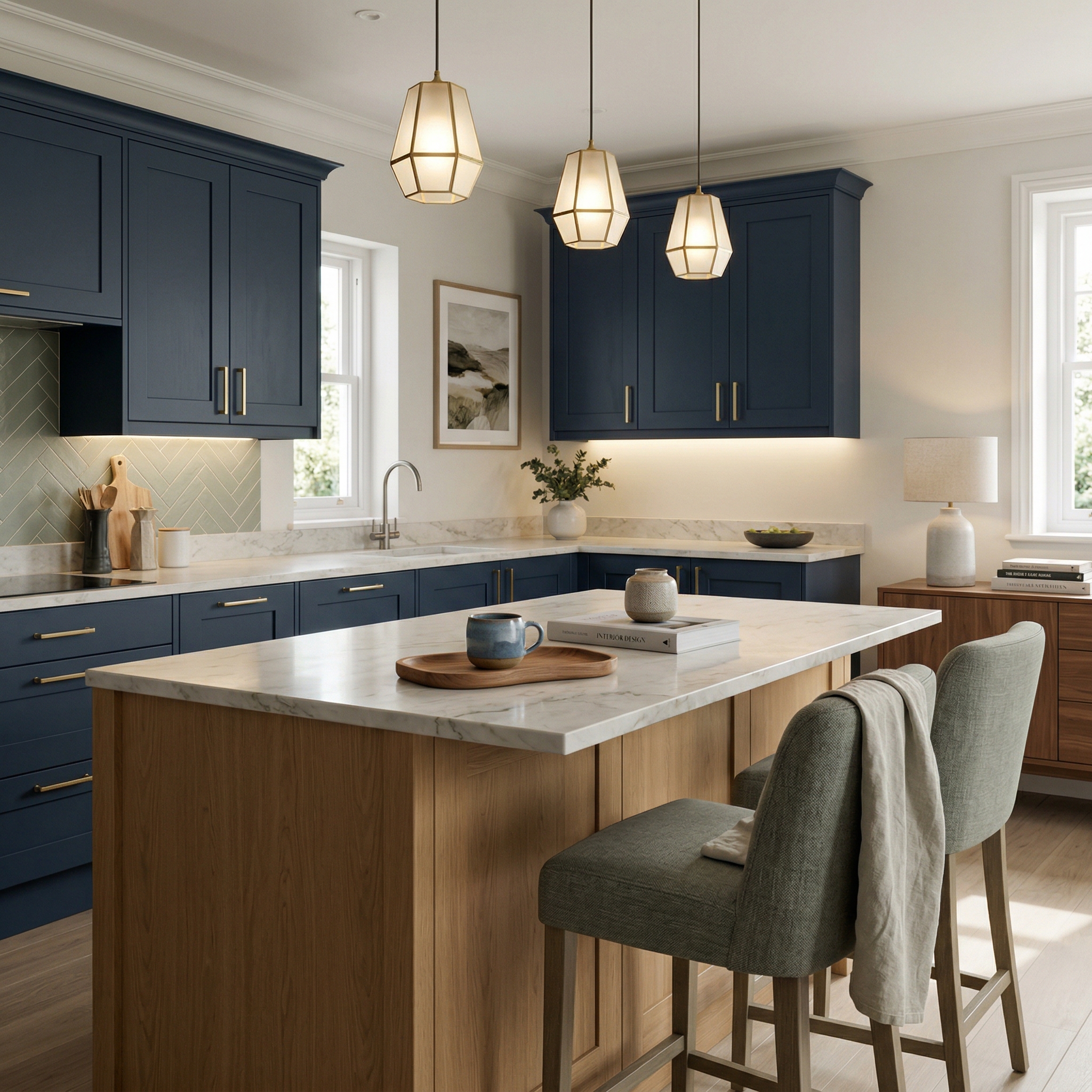 Bespoke kitchen island detail, matt painted handleless slab cabinetry with quality joinery