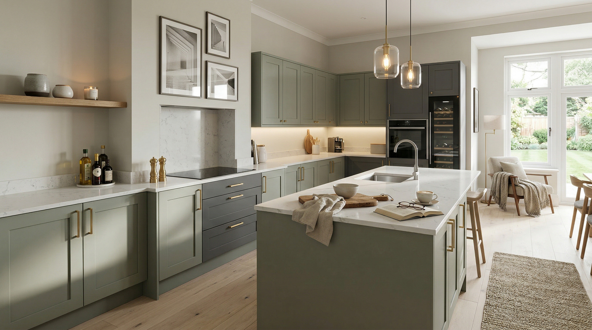 Wide view of a newly completed bespoke Mastercraft kitchen, modern shaker cabinetry in deep forest tones