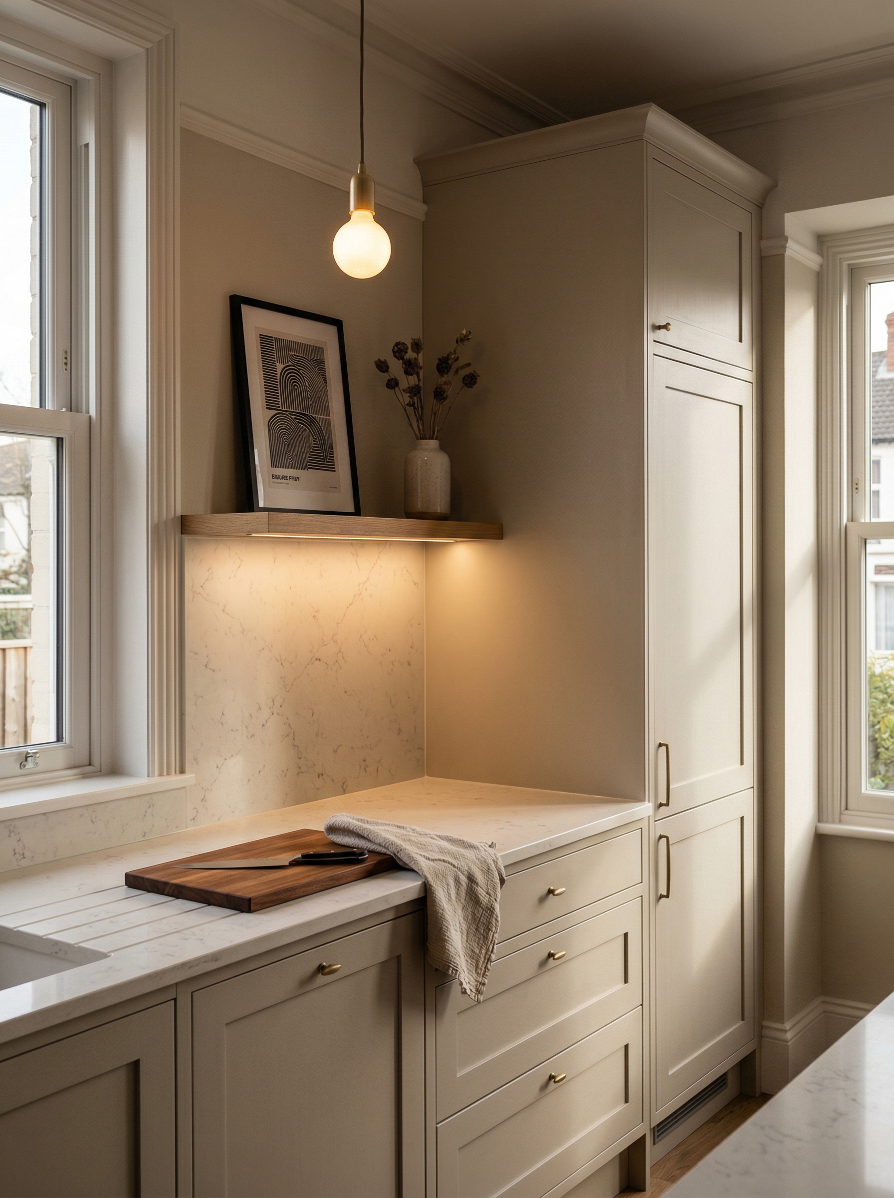 Tall view of full-height bespoke kitchen cabinetry, modern shaker cabinetry