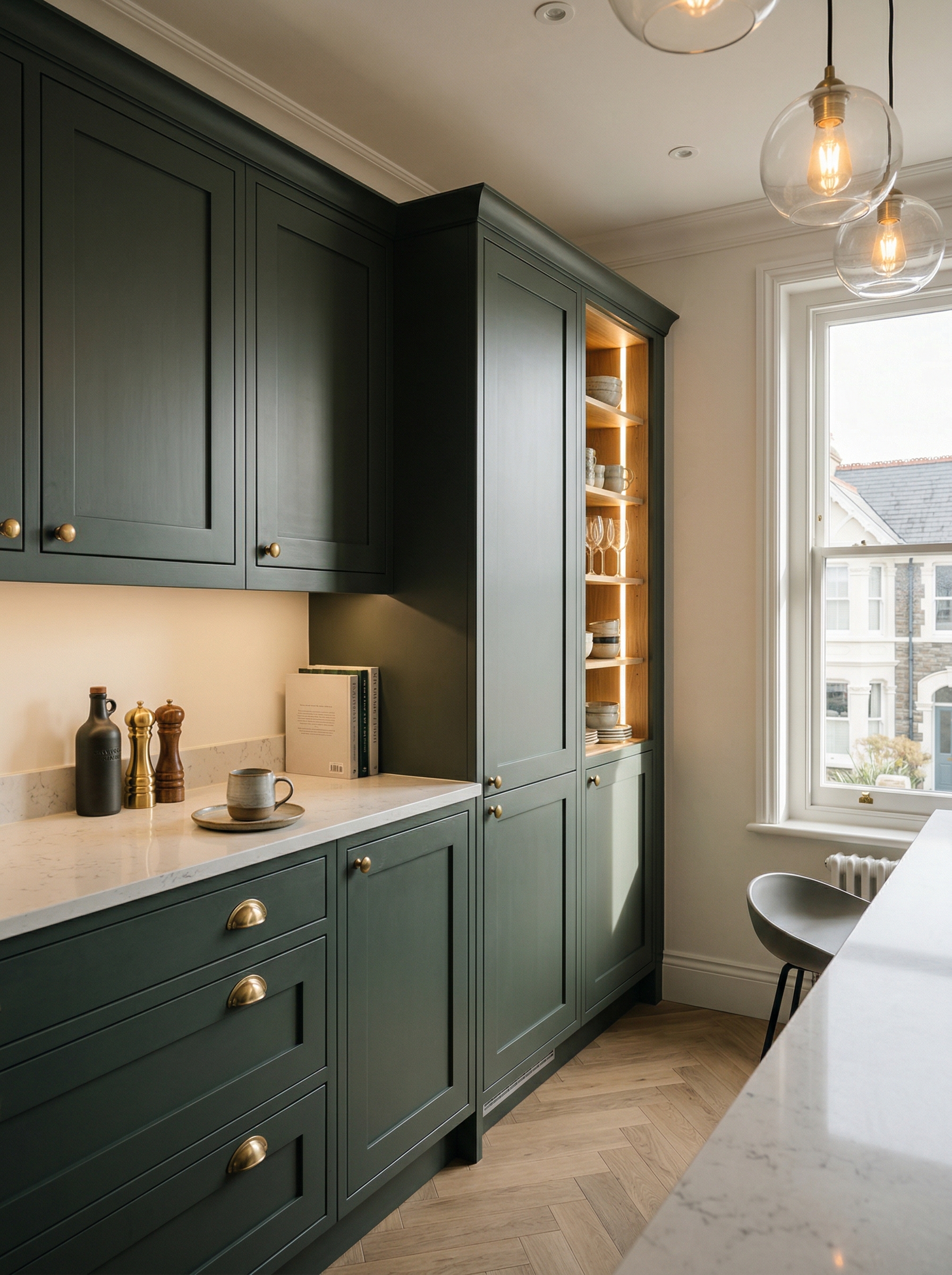 Bespoke kitchen installation, full-height cabinetry and considered storage design