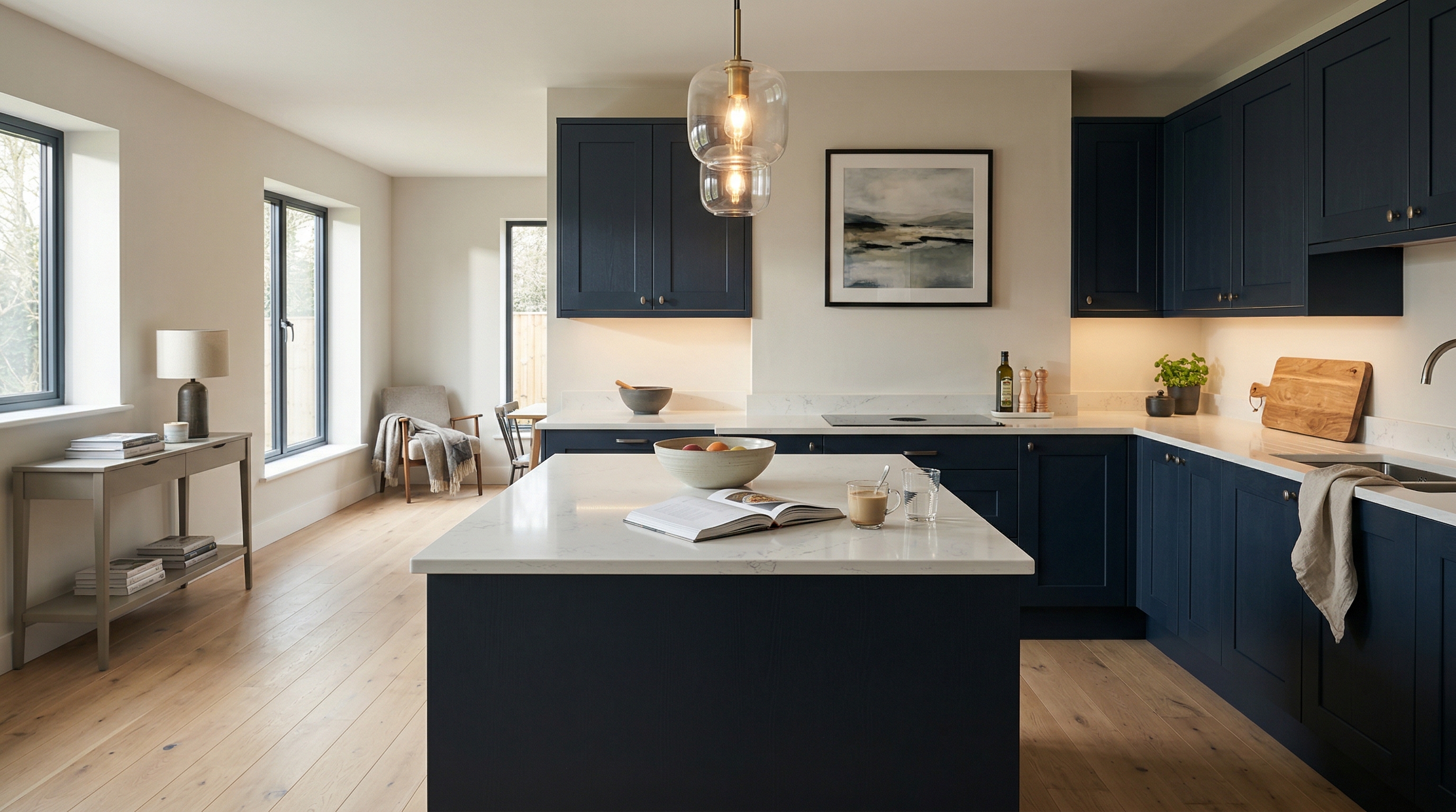 Mastercraft bespoke kitchen in Pencoed, wide architectural view showing room volume and design quality