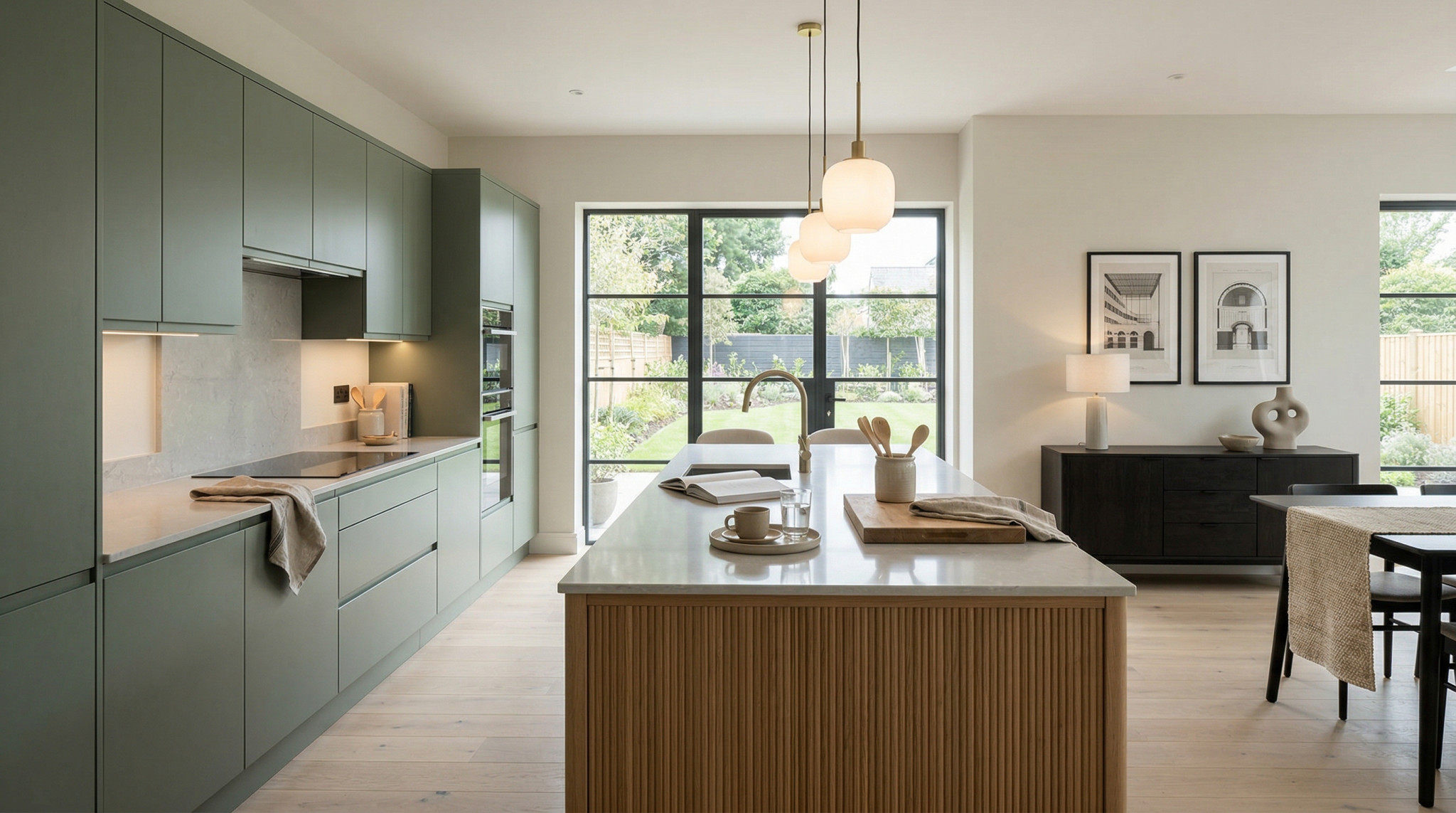Wide view of a newly completed bespoke Mastercraft kitchen, contemporary painted lay-on cabinetry in graphite tones