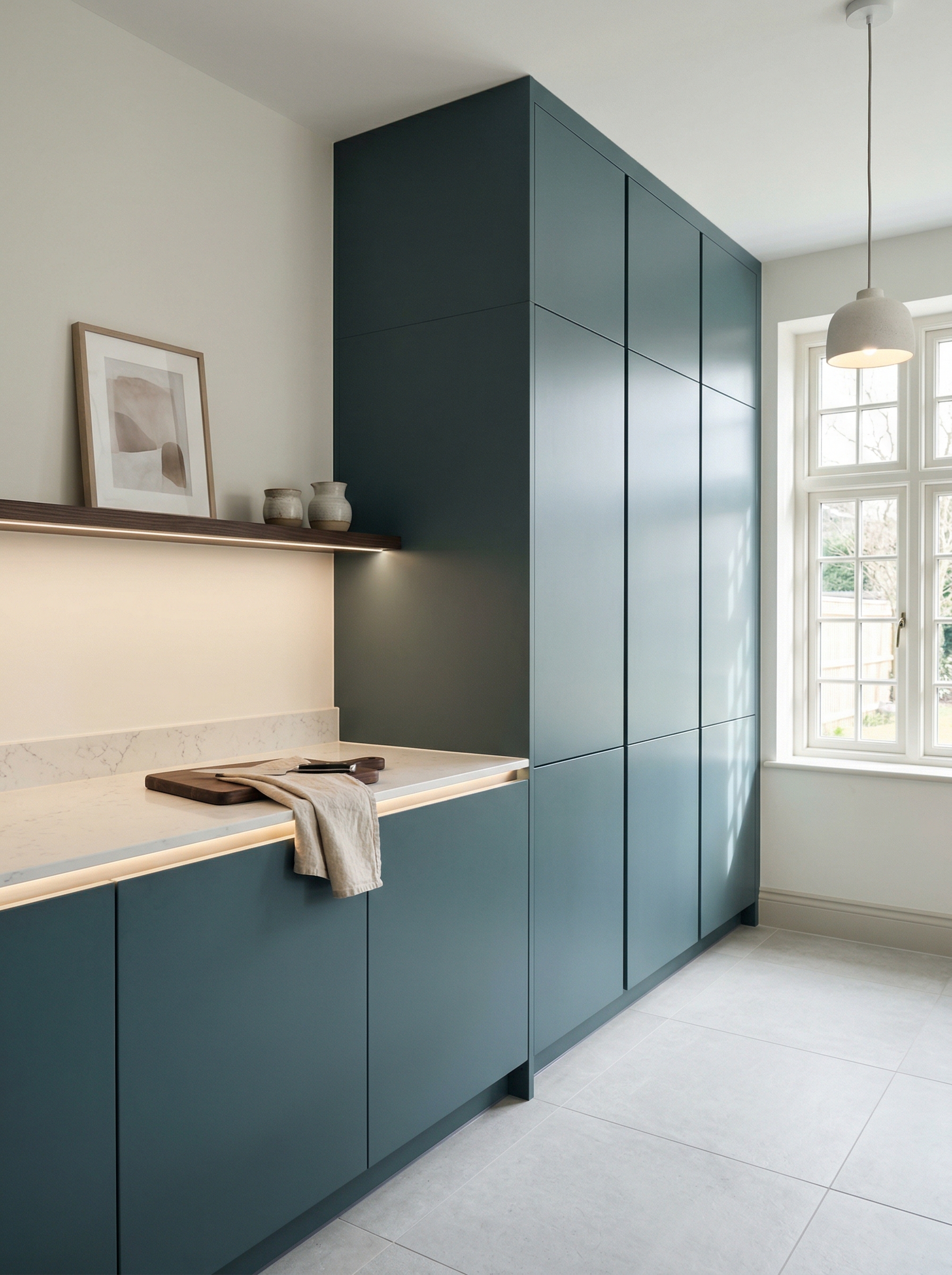 Tall view of full-height bespoke kitchen cabinetry, contemporary painted lay-on cabinetry